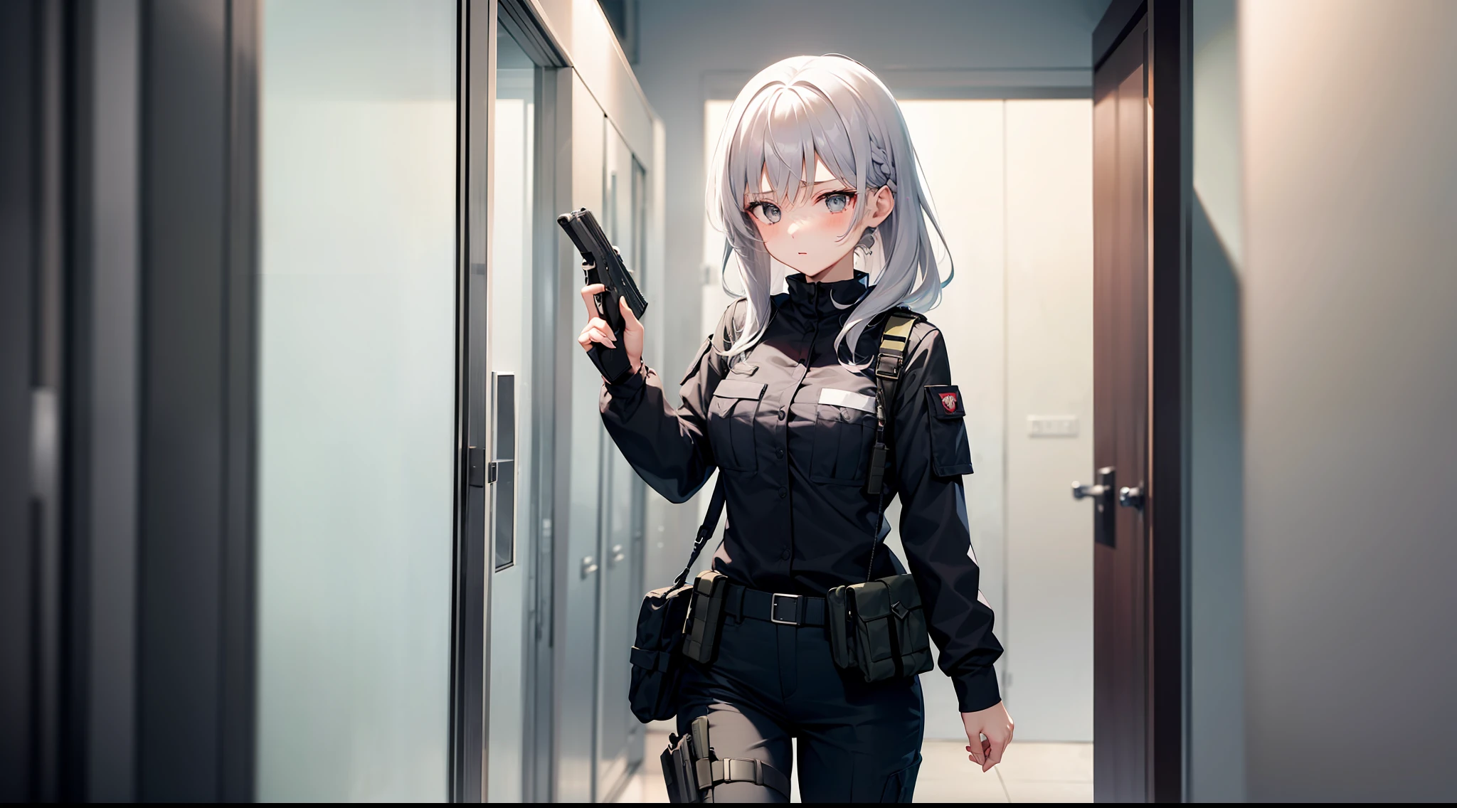 1 girl, holding both of hand gun, shooting, in the building, silver hair, grey eyes, black clothes, special operations, special force, cinematic action