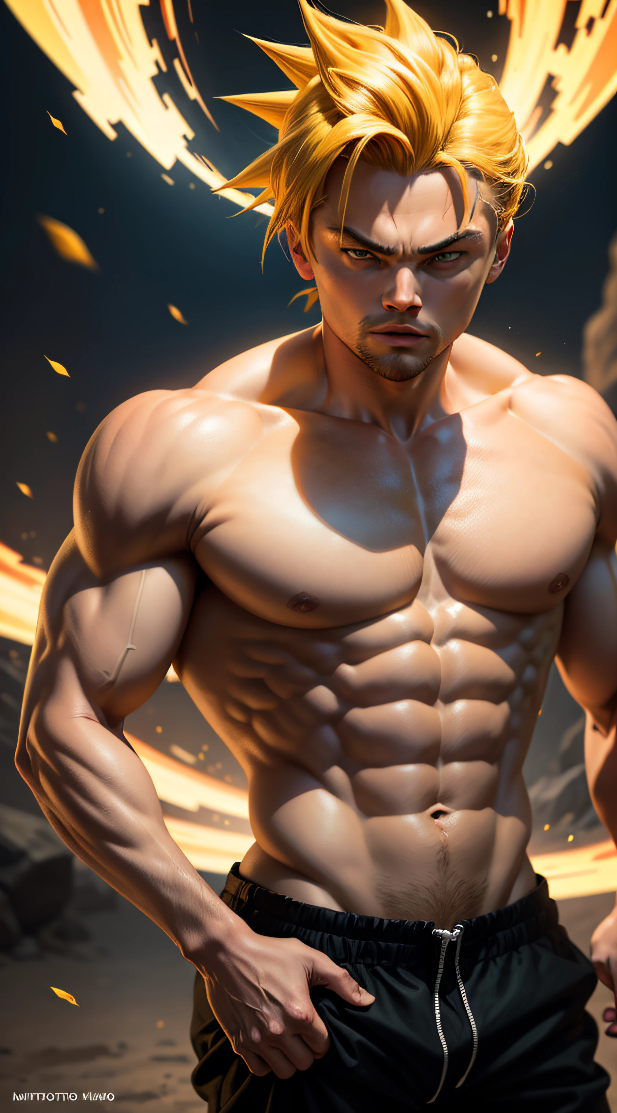 Leonardo DiCaprio as an epic masterpiece in comic style, mostrando o poder explosivo de Goku como um Super Saiyajin 3 com sua assinatura longa, bright yellow hair and the best possible performance." --auto