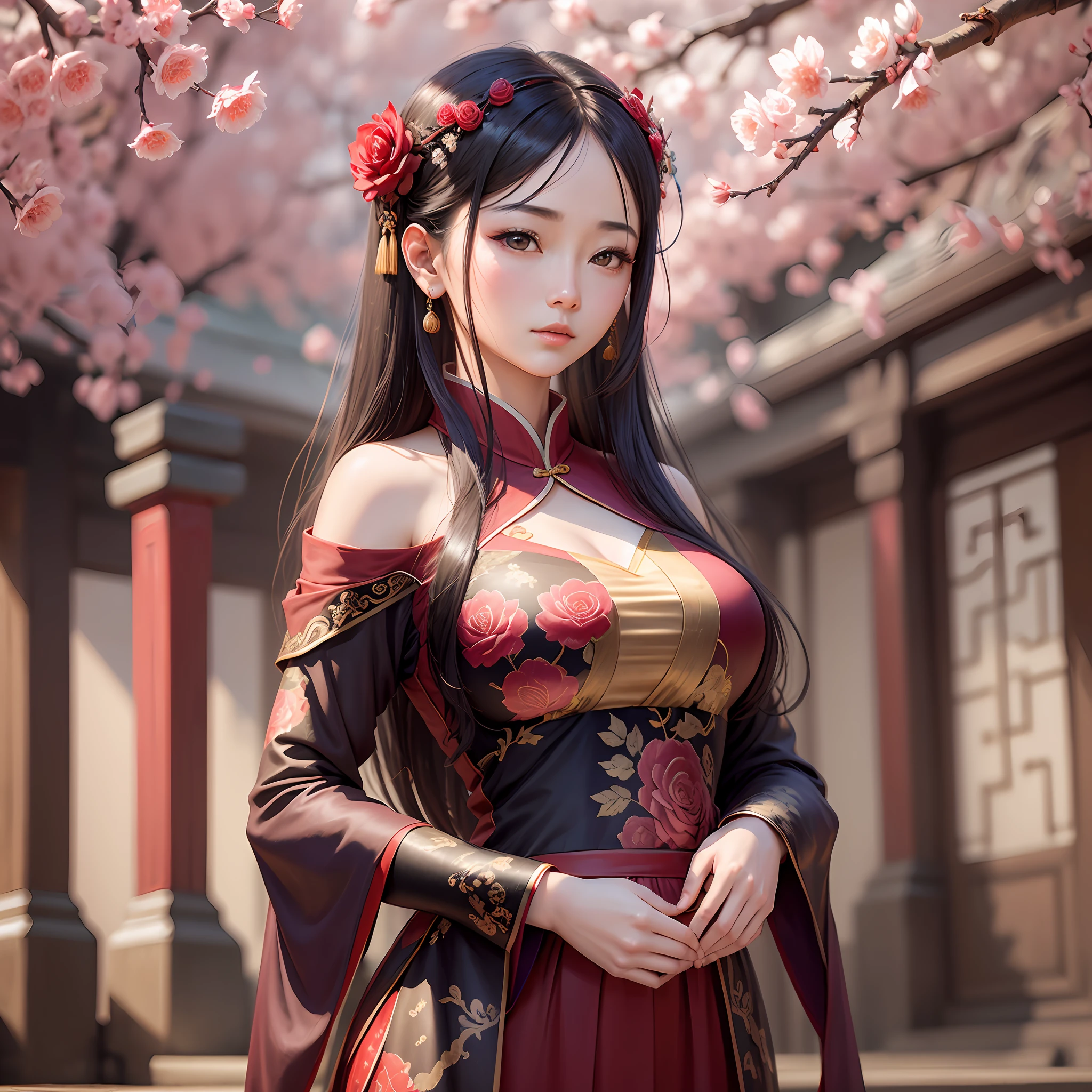 realisticlying,ancient wind,Under the peach tree,(cabelos preto e longos,Realistic fiber optics,Best quality,8K,Ancient Chinese beauty,Ultra-delicate face) --auto