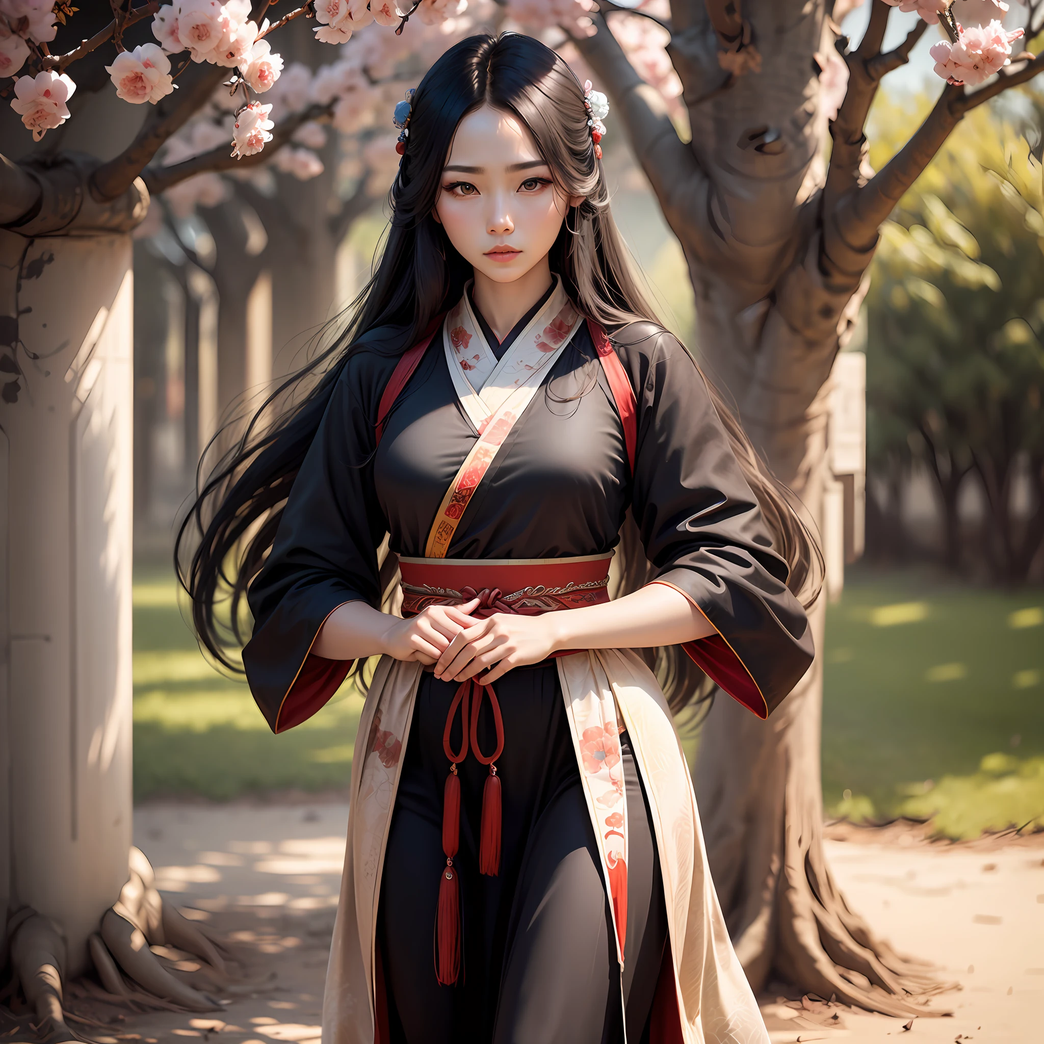 realisticlying,Ancient wind,Under the peach tree,(cabelos preto e longos,Realistic fiber optics,Best quality,8K,Ancient Chinese beauty,Ultra-delicate face,long and flowing hair,Wuxia style,Woman) --auto