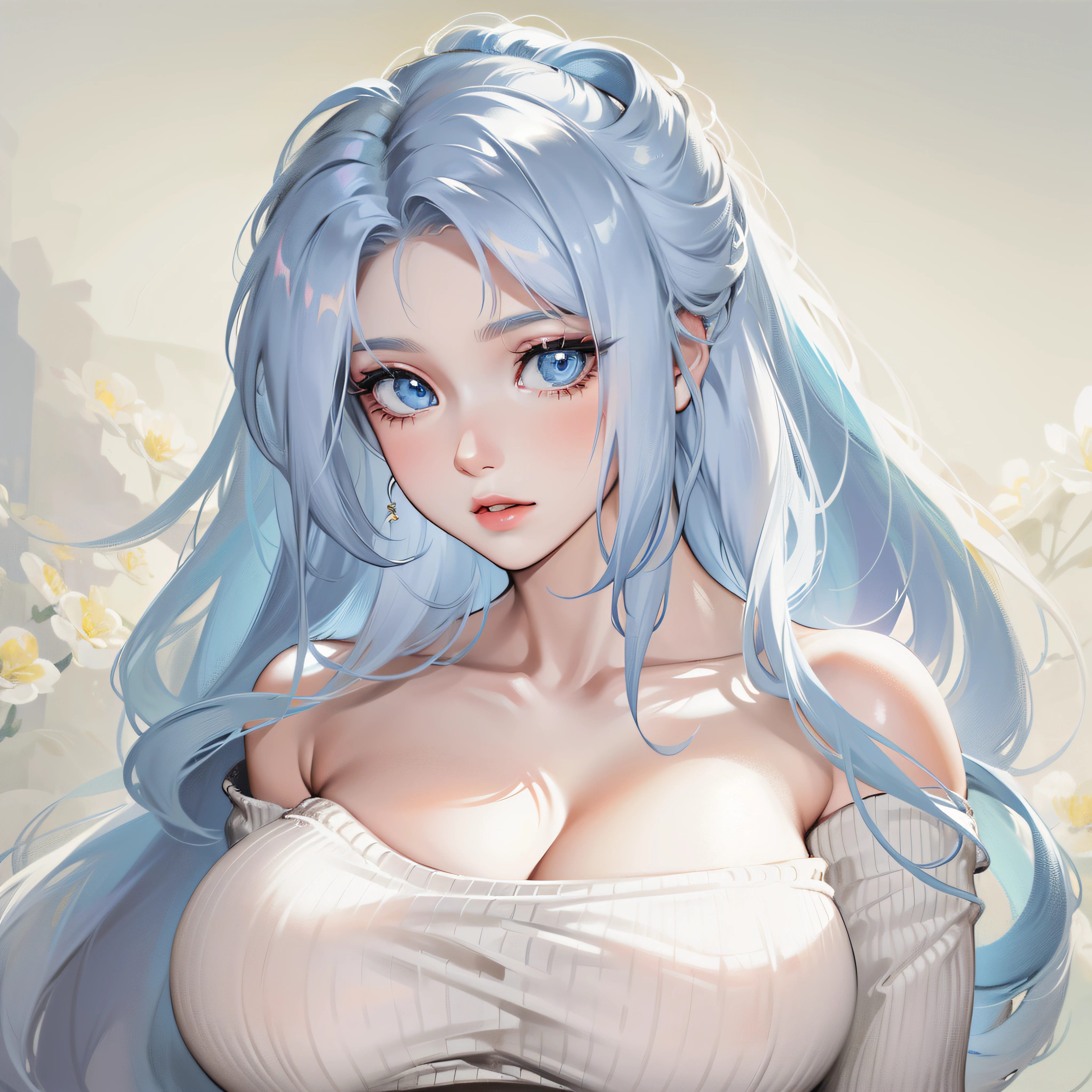 Beautuful Women,huge tit,The national color is fragrant,White skin and beautiful appearance,delicated,high high quality,High ponytail,Very big chest,White color hair,blue color eyes,Very deep cleavage,Tight sweater