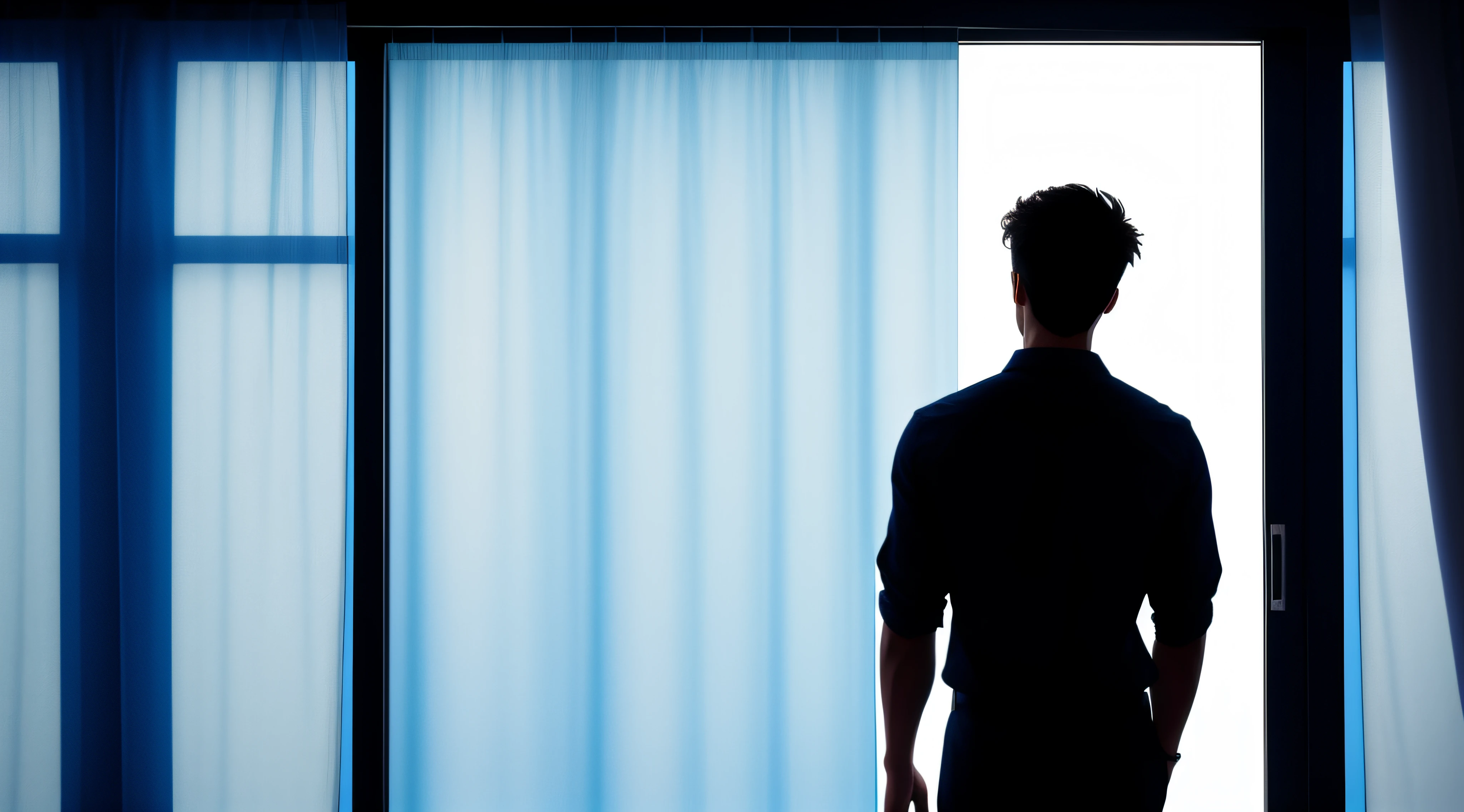 Silhouette of a young man with his back turned, in the right corner of the screen, looking through the window closed with white curtains. Image in shades of blue.