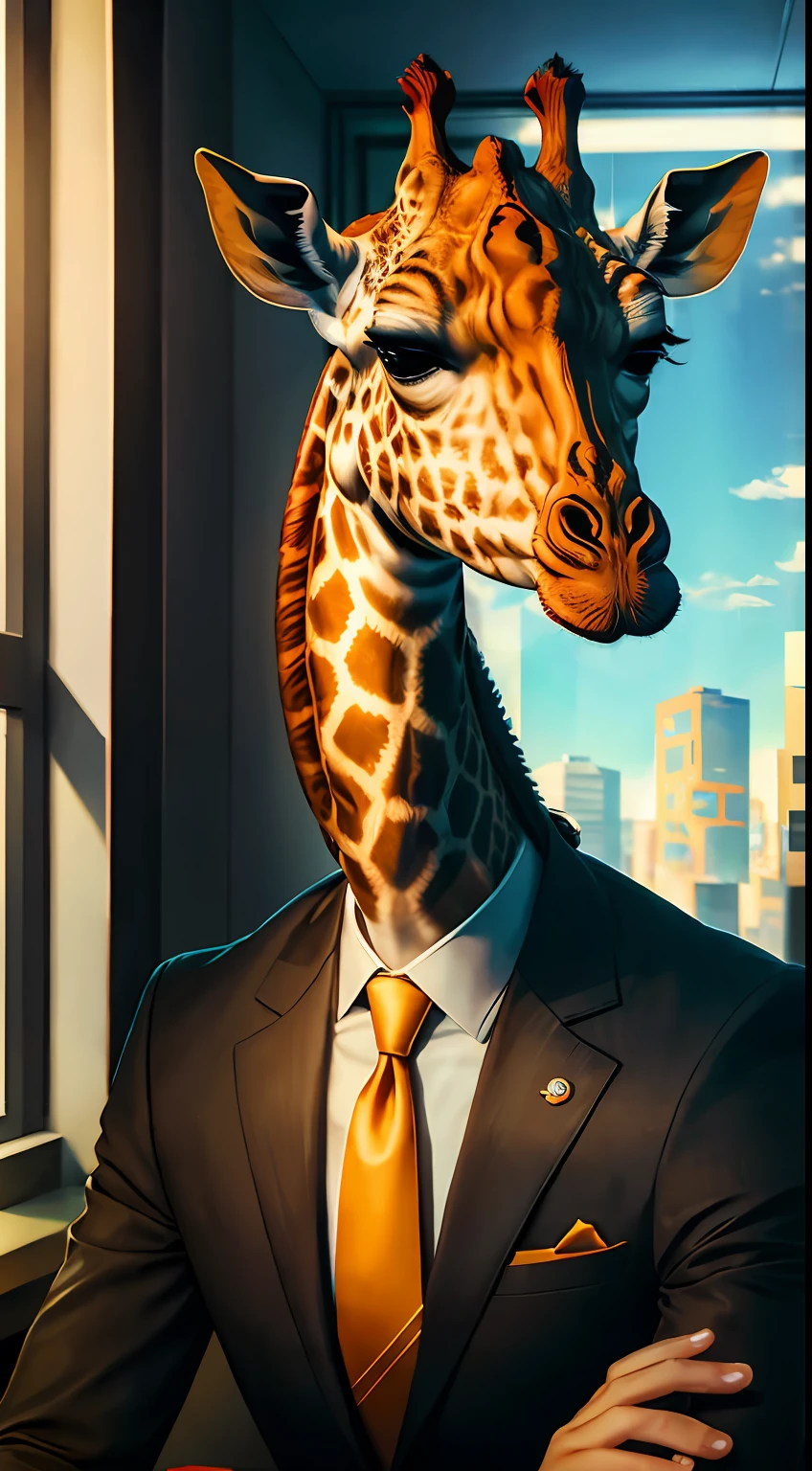 Giraffe in suit sitting in office，UHD，Masterpiece level，Precision，Clear skin texture，high detal，Best Picture Quality，high qulity，A high resolution。