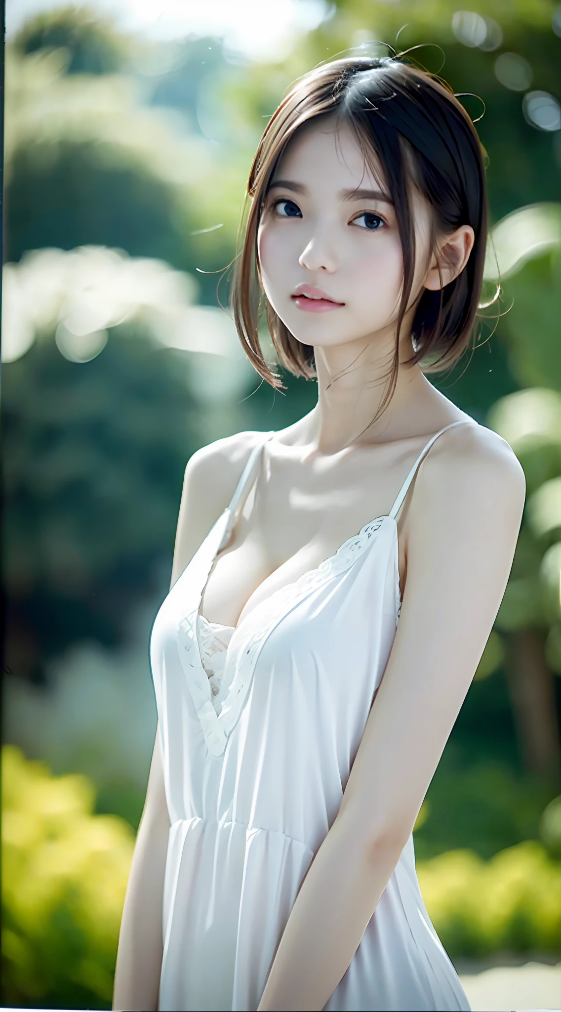 (White and simple camisole vest,short detailed hair,gigantic cleavage breasts,Arms behind your back,standing on your feet:1.4),(tmasterpiece,best qualtiy,highly detailed,cowboy lens,From the side Side,absurderes,RAW photos,超高分辨率:1.4),Highly Detailed Face and Skin Textur,Detailed eyes,tack sharp focus,solo girl,white skinned,Real human skin,Oval face,pores,Gentle goddess-like eyes,Gloss on lips,eyeslashes, Glossy face, Broad lighting, naturalshadow, Small waist, Slim body, ssmile, Saggy eyes, 二重まぶた, at park,Bare chest