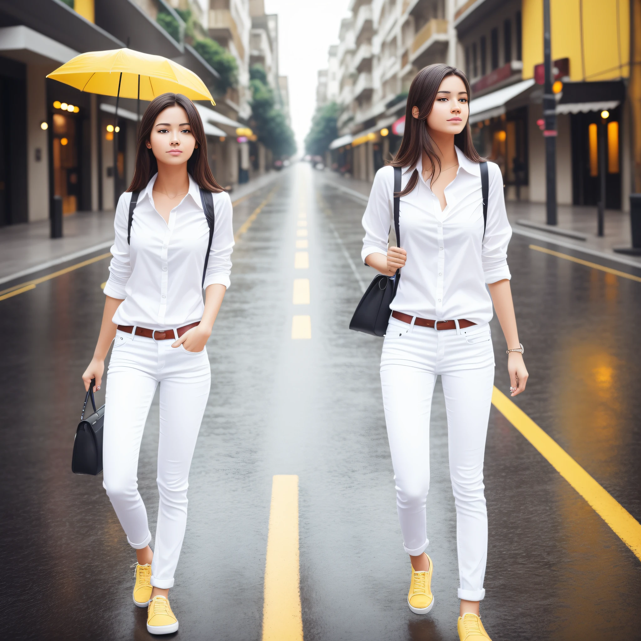 Happy theme,(best qualtiy,tmasterpiece:1.2),18yo beautiful girl walking in the city,white shirt and jeans,Shoot Sony A7,3.5mm lens,f 1.8 apertures,Illuminated effect,No embellishment required,The original photo is realistic,The skin texture is very detailed,no make-up,The background lighting is yellow,raining day, --auto