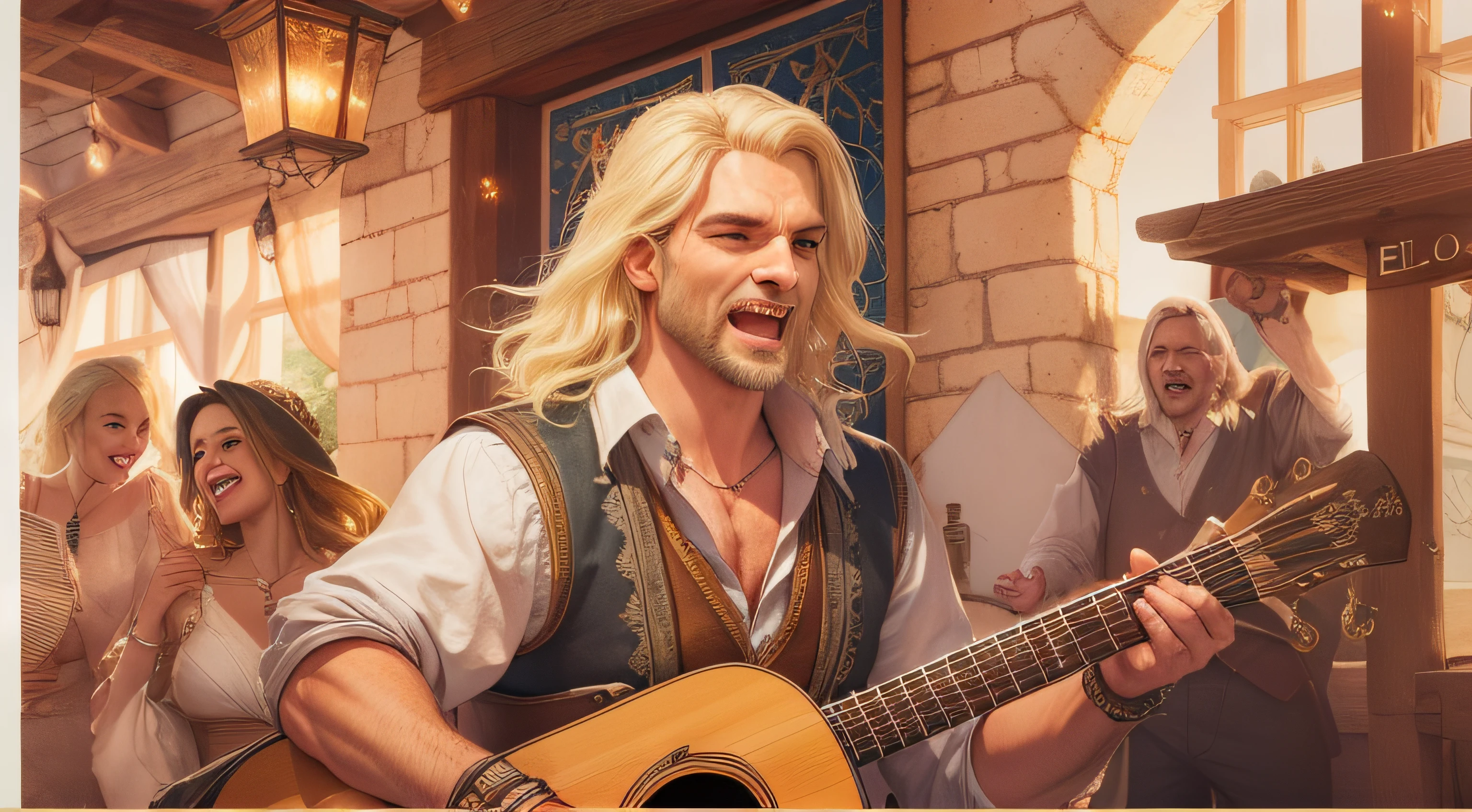 o bardo de The Witcher, has a jovial and charismatic appearance, com ((((flowing blonde hair and expressive eyes)))). Ele usa uma camisa branca com babados, a colorful vest with silver details and tight pants. He's sitting in a lively tavern, holding a lute masterfully as he sings his joyful melodies. Ao seu redor, there are customers laughing and dancing, criando uma atmosfera festiva e acolhedora, fotografia, O 35mm, --AR 16:9 --V 5