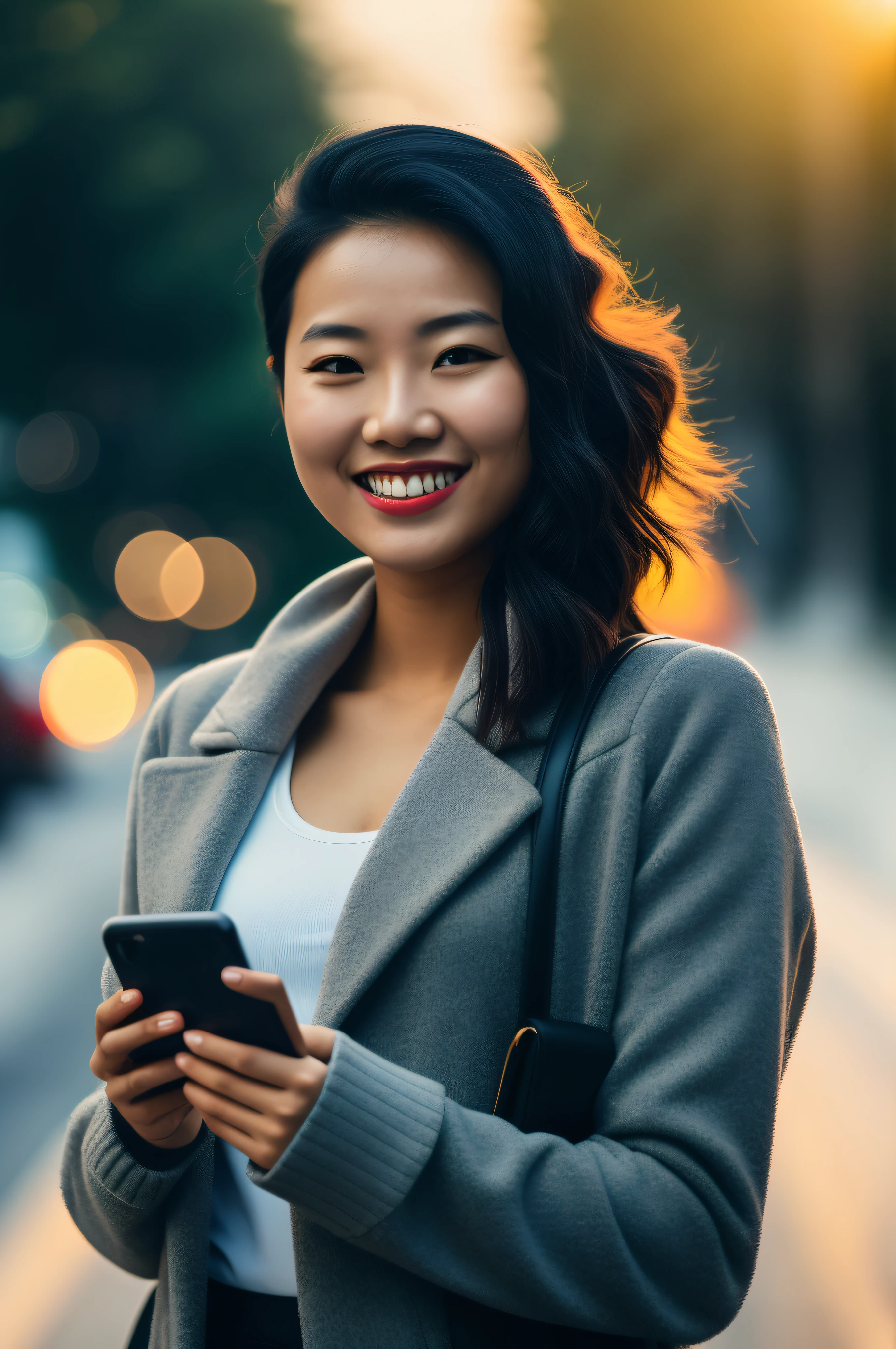 mulher sorridente em um casaco neon ultra vibrante segurando um telefone celular, she is holding a smartphone, a young asian woman, young asian woman, Beautiful young Asian woman, an Asian woman, Asian woman, Beautiful Asian woman, vibrant and vivid, foto de retrato, Mulher jovem sorridente, Foto de uma mulher, Mulher coreana, foto de retrato em close-up, mulher jovem sofisticada, verificando seu telefone, Mulher chinesa --auto