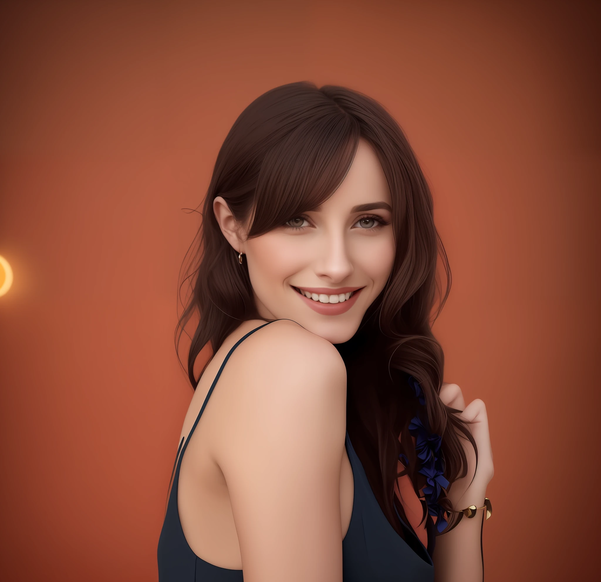 There is a woman who is posing for a photo in a blue dress, cabelos castanhos com franja lateral, olhos azuis vibrantes, sorriso meigo, fundo rosa Claire Forlani, bonito e sorridente, Carice Van Houten, Anastasia Ovchinnikova, design deslumbrante, arte de fundo, imagem de alta qualidade, Alina Ivanchenko, beautiful alison brie magician, pose sorridente elegante, Viktoria Gavrilenko, Sandra Chevier, pintado digitalmente