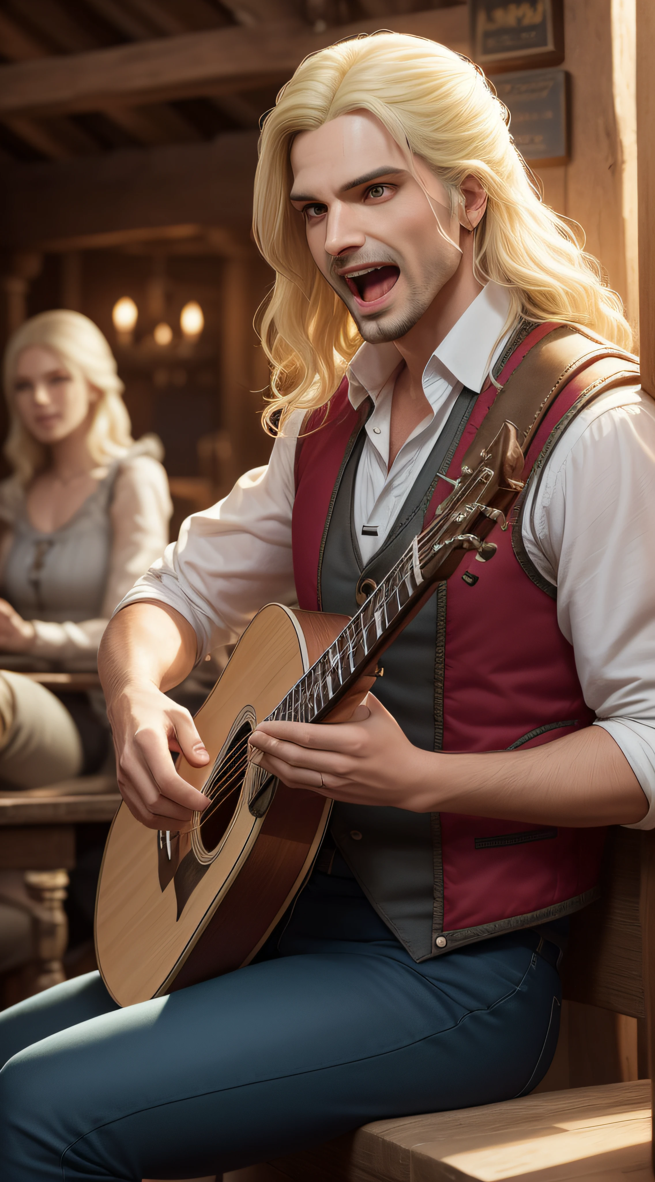 o bardo de The Witcher, has a jovial and charismatic appearance, com ((((flowing blonde hair and expressive eyes)))). Ele usa uma camisa branca com babados, a colorful vest with silver details and tight pants. He's sitting in a lively tavern, holding a lute masterfully as he sings his joyful melodies. Ao seu redor, there are customers laughing and dancing, criando uma atmosfera festiva e acolhedora, fotografia, O 35mm, --AR 16:9 --V 5