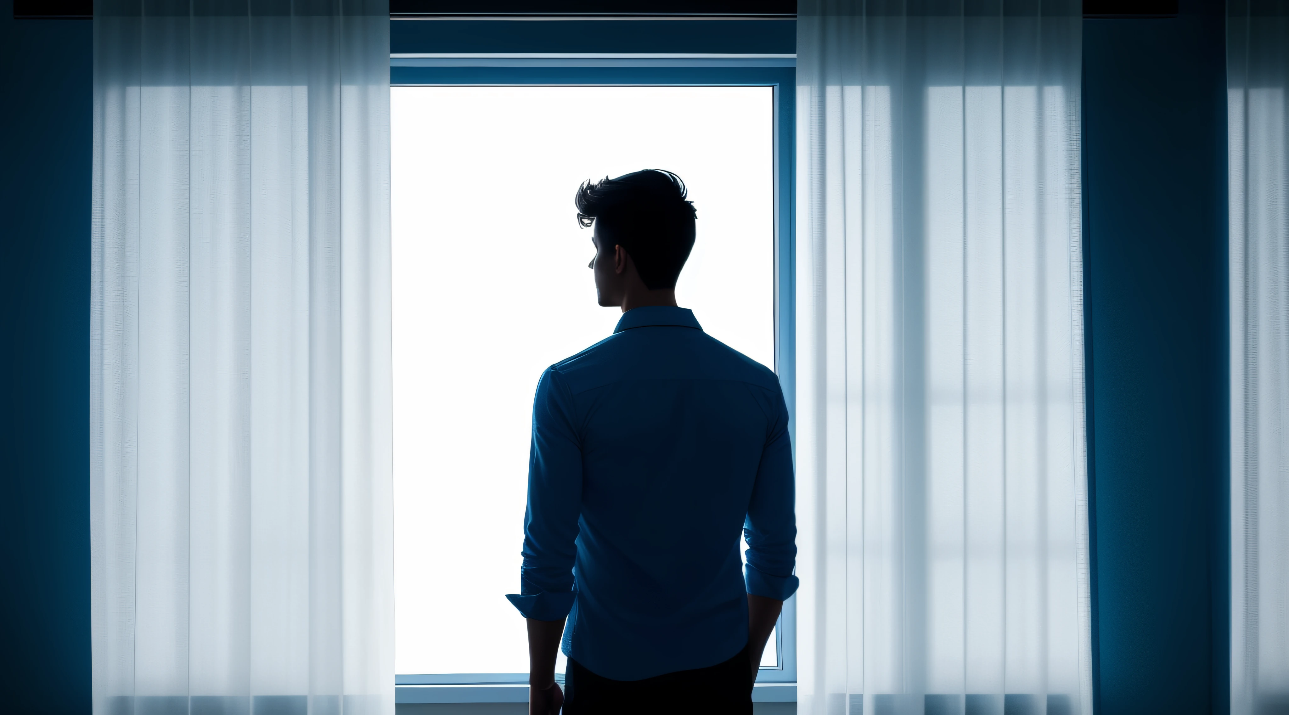 Silhouette of a young man with his back turned, in the right corner of the screen, looking through the window closed with white curtains. Image in shades of blue.