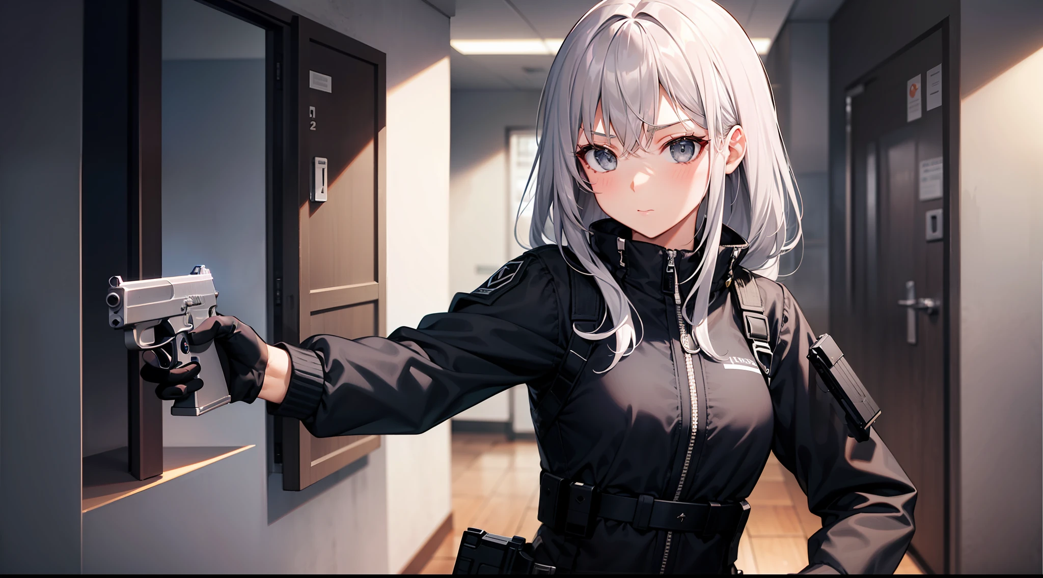 1 girl, hand gun, akimbo, shooting, in the building, silver hair, grey eyes, black clothes, special operations, special force, cinematic action