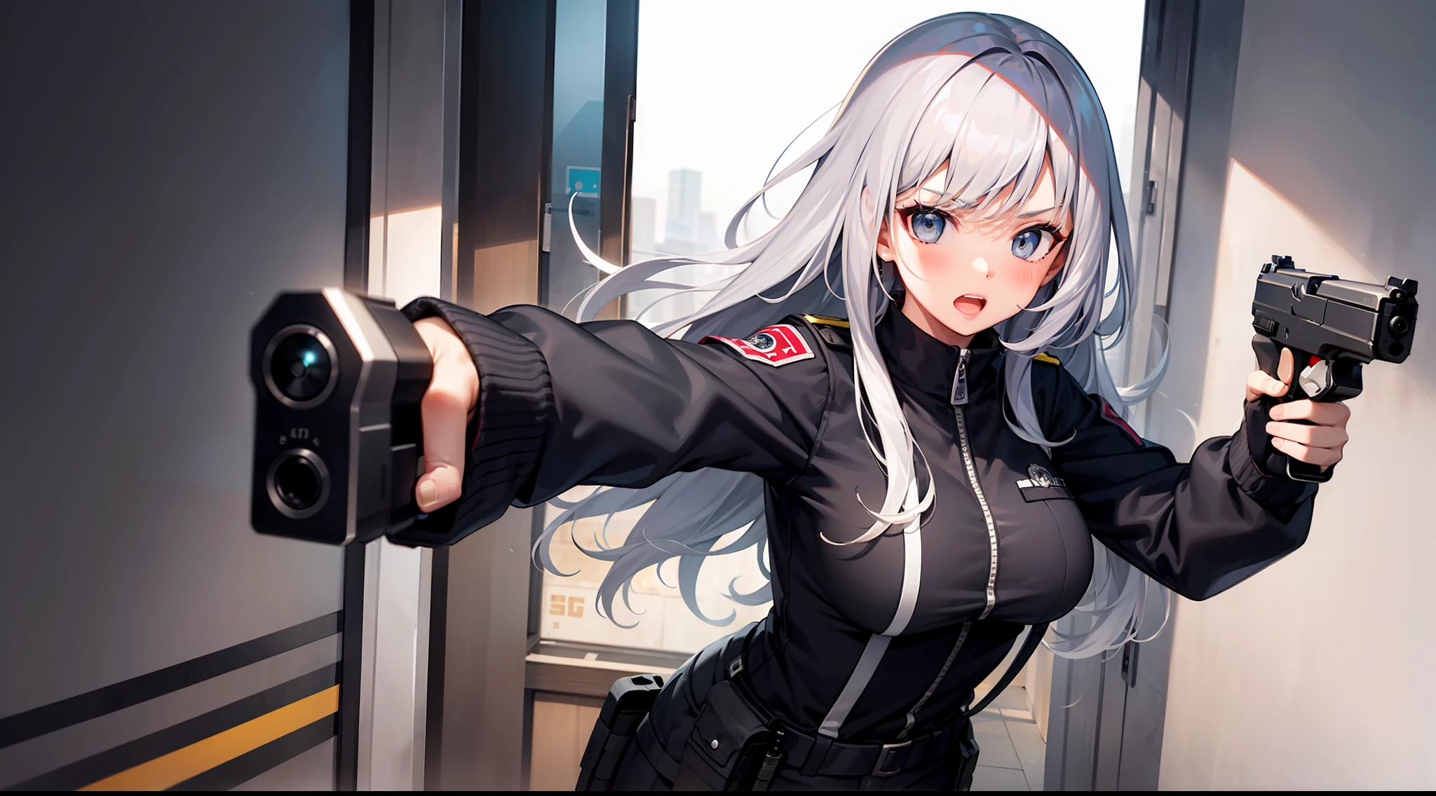 1 girl, hand gun, akimbo, shooting, in the building, silver hair, grey eyes, black clothes, special operations, special force, cinematic action