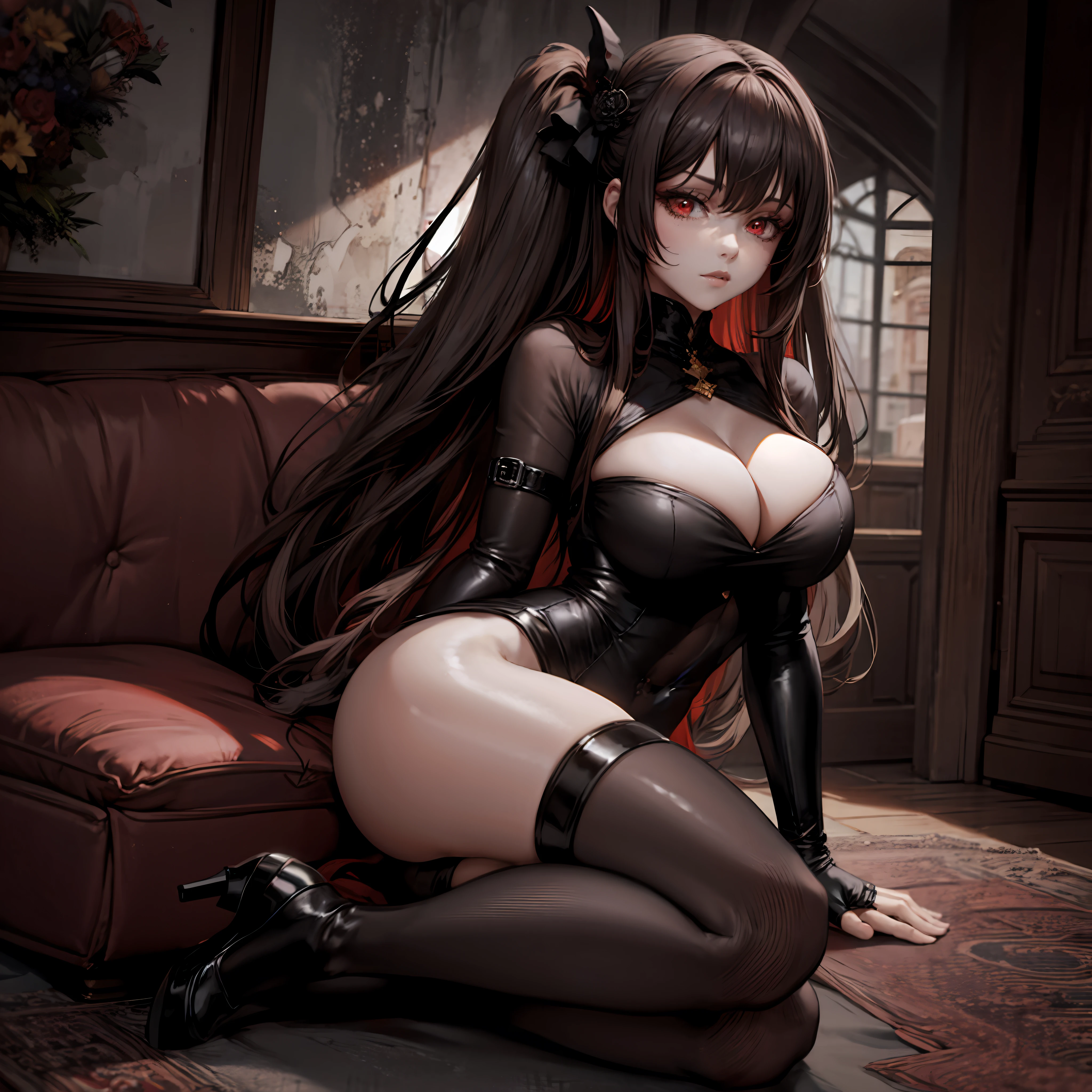 solo, masterpiece, beautiful girl with long brown hair, bangs, large bust, bdsm outfit, beautiful red eyes, full body, gothic outfit