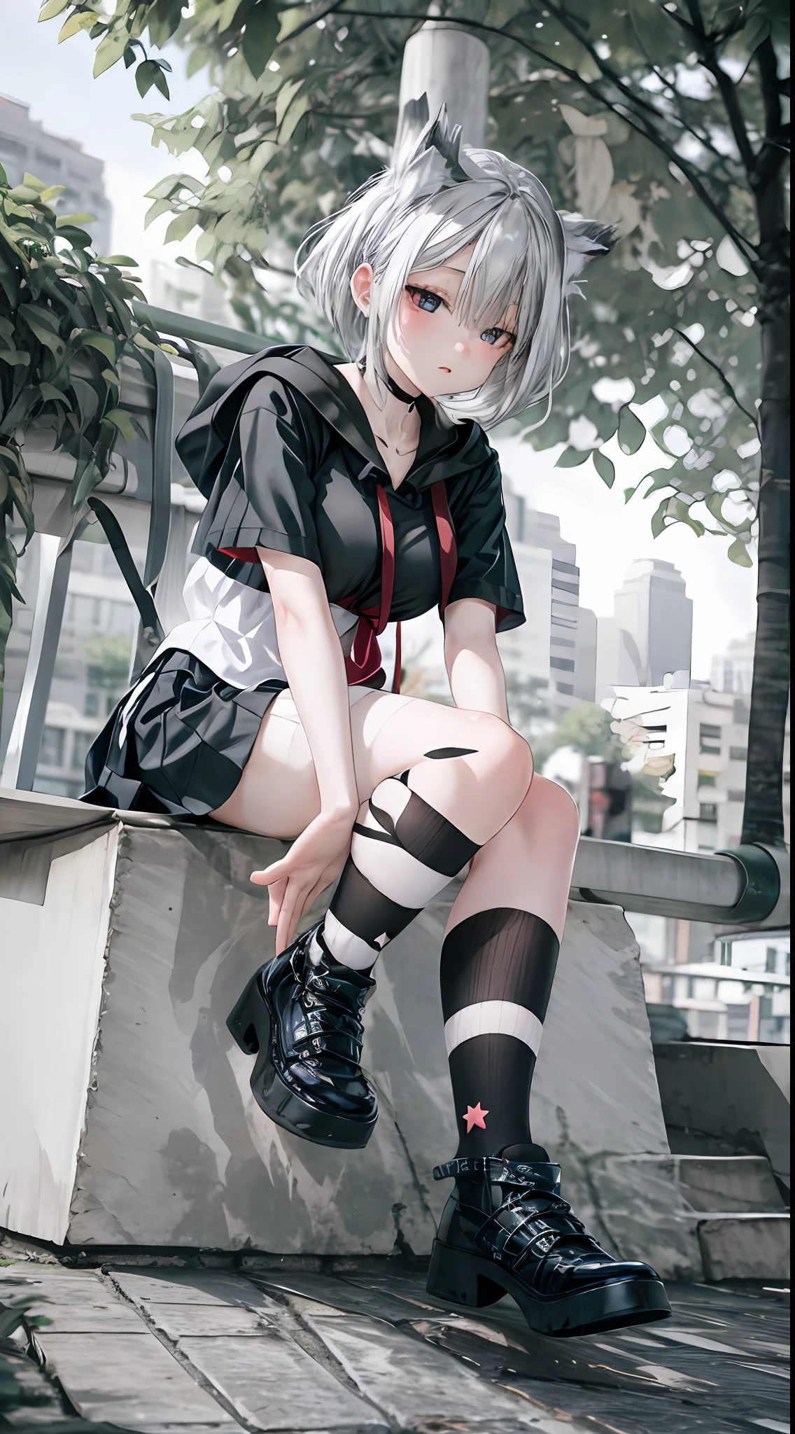 1 beautiful tomboy girl with big breasts, Ted white hair, open hoodie, black tank top,white long pants, black short skirt, white short stocking, sitting in park bench,hand on face,full body,background on park,