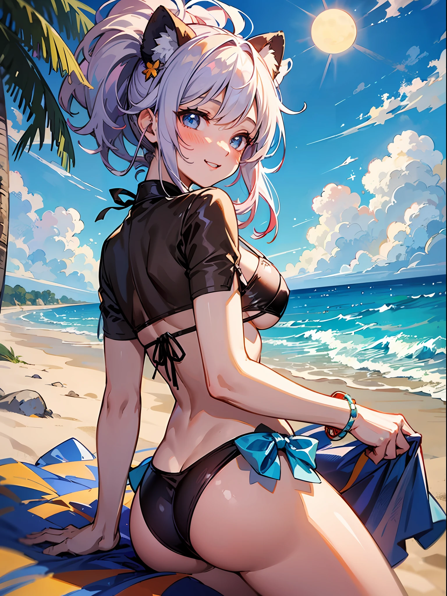 masterpiece、ultra-quality、ultra-detailliert、Perfect drawing、独奏、girl with、((maikurobikini))、Round and cute buttocks、ample breasts(H Cup Bust)、((bulging bust top))、red blush:(0.2)、perspiring、{{{sun burn:(1.5)}}}、A smile、18year old、blue-sky、cumulonimbus clouds、glowing sun、shores、sand beach、Shot from diagonally below the back、bustup、see -through、beatiful backgrounds、Accurate drawing、Detailed drawing