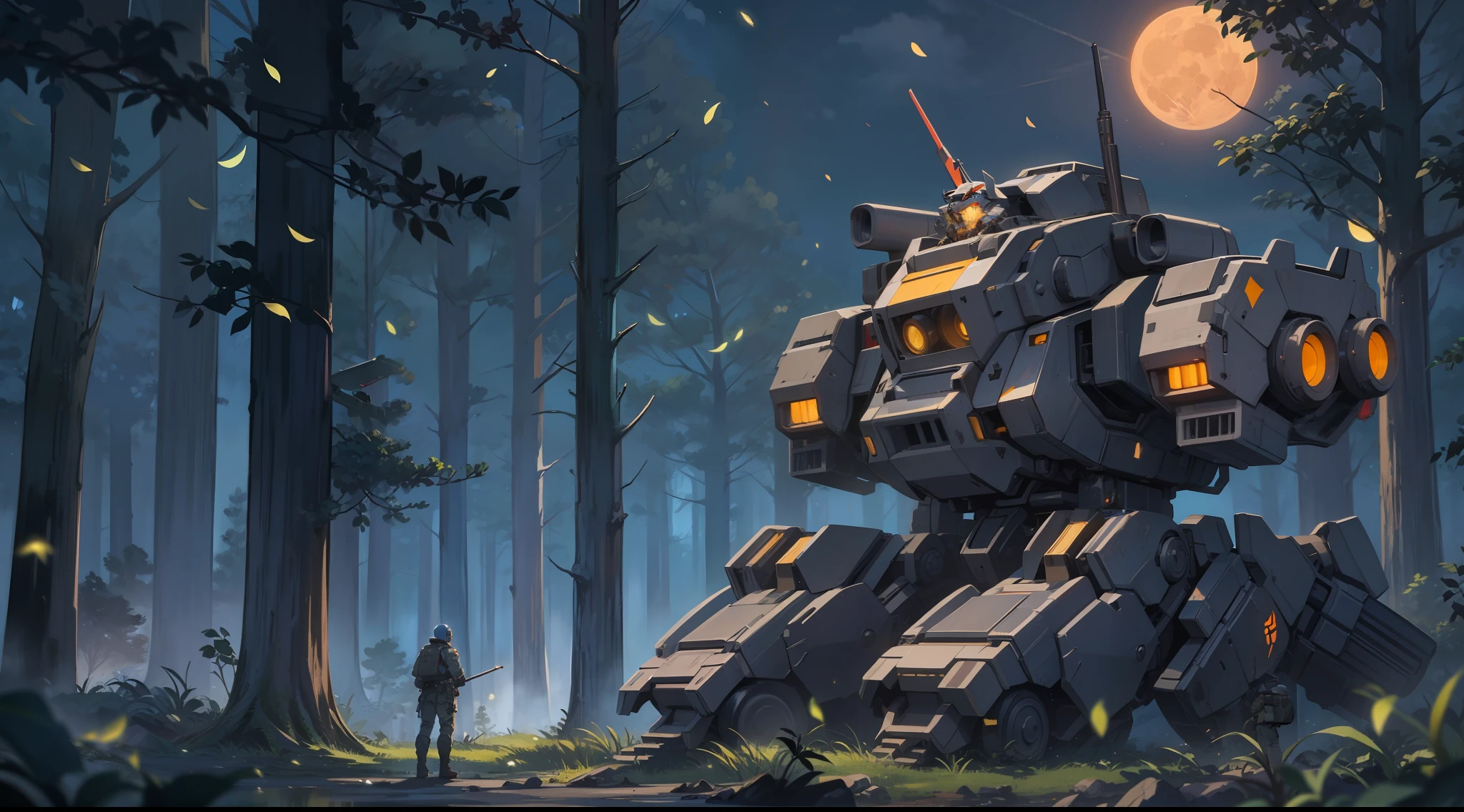 a brave soldier stands near his war mecha in a forest. It is night and have a full moon in the sky full of stars and some fireflies in the background