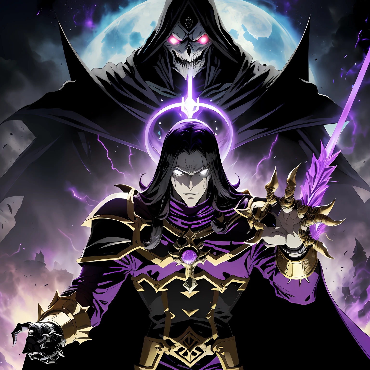 (corpo inteiro de uma pessoa toguro100 com uma espada e um manto roxo, Vestido Ainz Ooal, Overlord!!!, Overlord, por Overlord, Deus masculino bonito da morte, Overlord Temporada 4, Rei do Ceifador do Tempo, Arte Oficial, Retrato do Deus da Morte, O Rei da Morte, Ish, Albedo do anime Overlord, Deus da morte) , cenario fantasia dark dinamico, Character firing black magic from his hand, vortex, particuls, in action, (((view of the whole scene)))