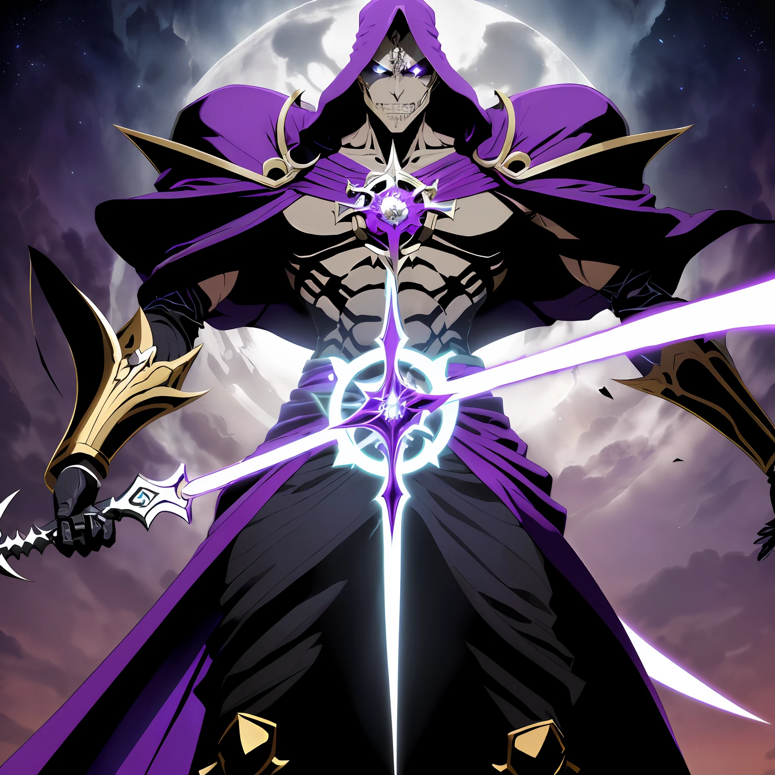 (corpo inteiro de uma pessoa toguro100 com uma espada e um manto roxo, Vestido Ainz Ooal, Overlord!!!, Overlord, por Overlord, Deus masculino bonito da morte, Overlord Temporada 4, Rei do Ceifador do Tempo, Arte Oficial, Retrato do Deus da Morte, O Rei da Morte, Ish, Albedo do anime Overlord, Deus da morte) , cenario fantasia dark dinamico, Character firing black magic from his hand, vortex, particuls, in action, (((view of the whole scene)))