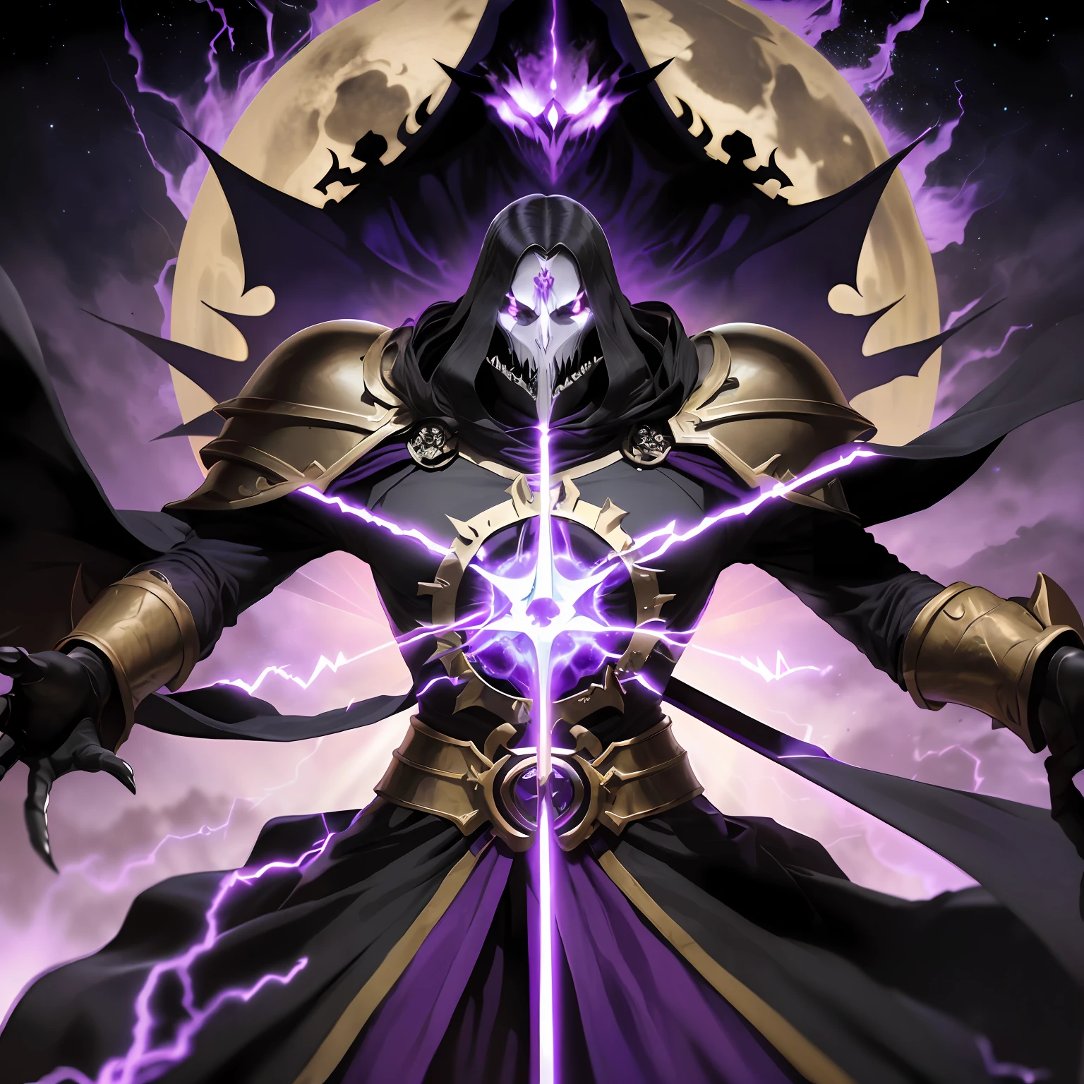 (corpo inteiro de uma pessoa toguro100 com uma espada e um manto roxo, Vestido Ainz Ooal, Overlord!!!, Overlord, por Overlord, Deus masculino bonito da morte, Overlord Temporada 4, Rei do Ceifador do Tempo, Arte Oficial, Retrato do Deus da Morte, O Rei da Morte, Ish, Albedo do anime Overlord, Deus da morte) , cenario fantasia dark dinamico, Character firing black magic from his hand, vortex, particuls, in action, (((view of the whole scene)))