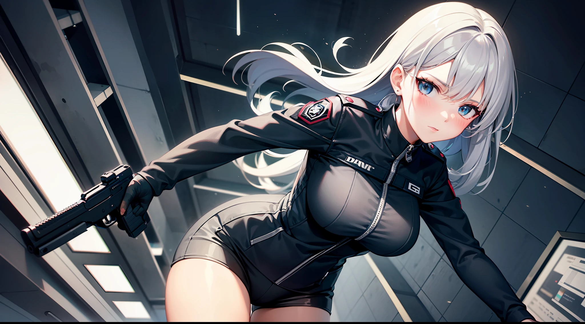 1 girl, hand gun, dual wield, shooting, in the building, black clothes, special operations, special force, cinematic action, dynamic