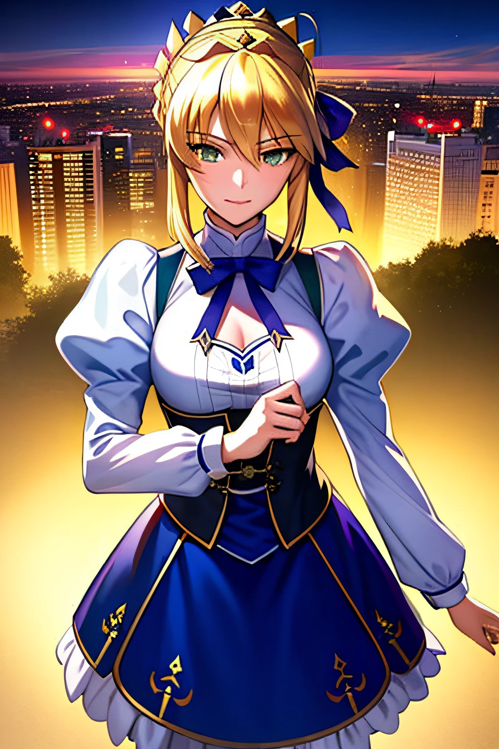 (masterpiece:1.4), (best quality:1.4), 1girl, solo, (artoria pendragon \(fate\):1.2), saber, blonde hair, ahoge, green eyes, ribbon, Homurahara academy uniform, hair ribbon, dress, looking at viewer, upper body, city, cityscape, sky, night