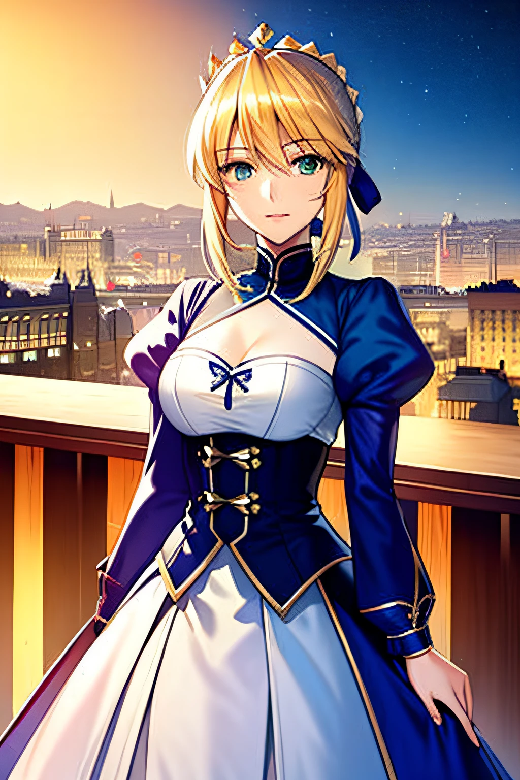 (masterpiece:1.4), (best quality:1.4), 1girl, solo, (artoria pendragon \(fate\):1.2), saber, blonde hair, ahoge, green eyes, ribbon,  Homurahara academy uniform, hair ribbon, dress, looking at viewer, upper body, city, cityscape, sky, night