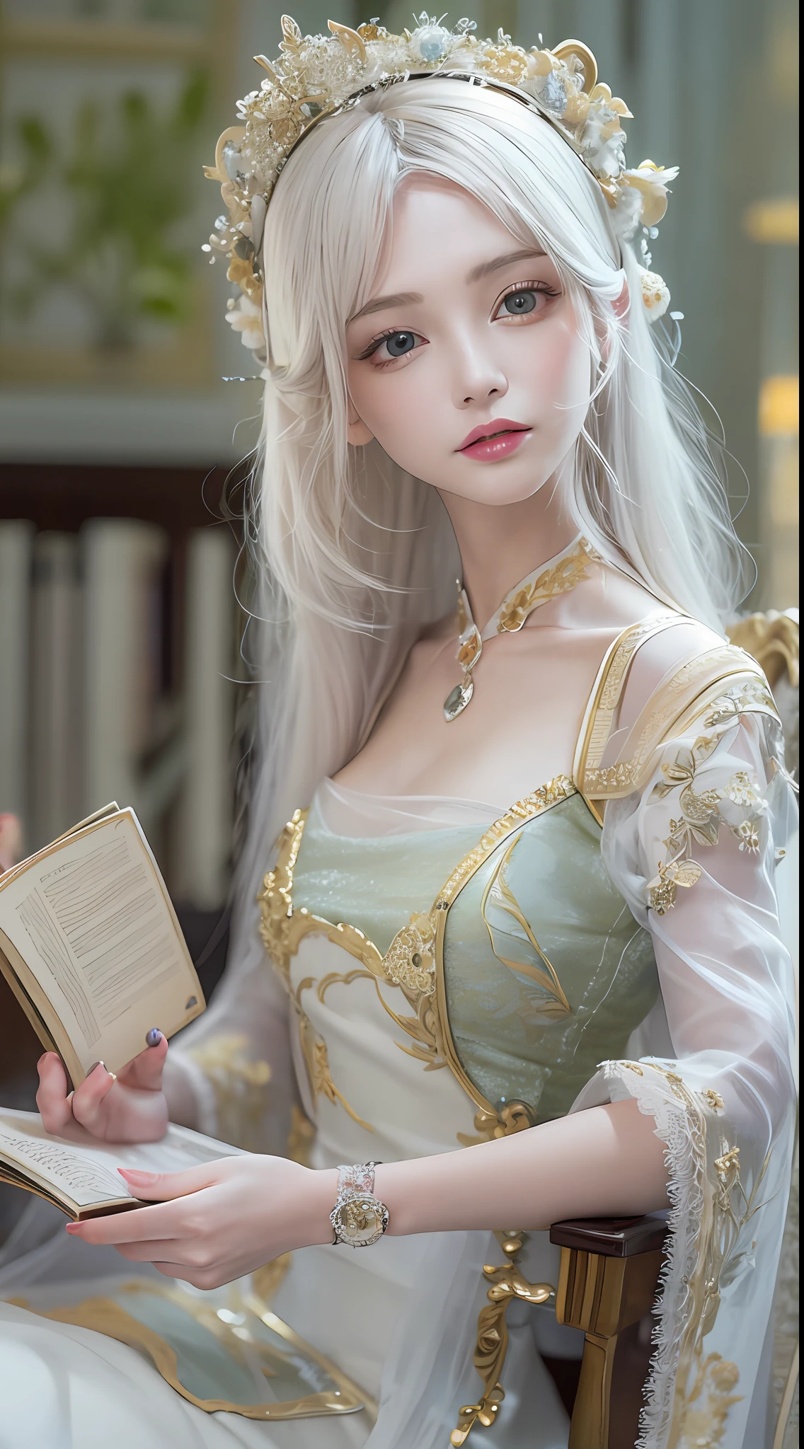 best qualtiy，8K，Best quality，(the detail:1.4),A beautiful young woman。Her skin shimmered with a pure white sheen。Close-up of a doll holding a book in a chair,fully body photo，The is very detailed，guweiz masterpiece, Guviz-style artwork, a stunning young ethereal figure, Hall，dreamy and detailed, Ethereal!!! Ultra photo realsisim,lewd nun，Nun dress，neo-classical, Renaissance,Epic and beautiful character art，Stunning character art，Ray traching,The costumes and facial expressions of the characters are very detailed，Displays a detailed description，A look of disdain，Lift up some skirts，Beth，ball jointed doll, white hime cut hairstyle，Has amazingly deep eyes，Beautiful character painting，The Lost Book of Magic，white beautiful hair，There are vines with arabesques，The proportions are correct！！！