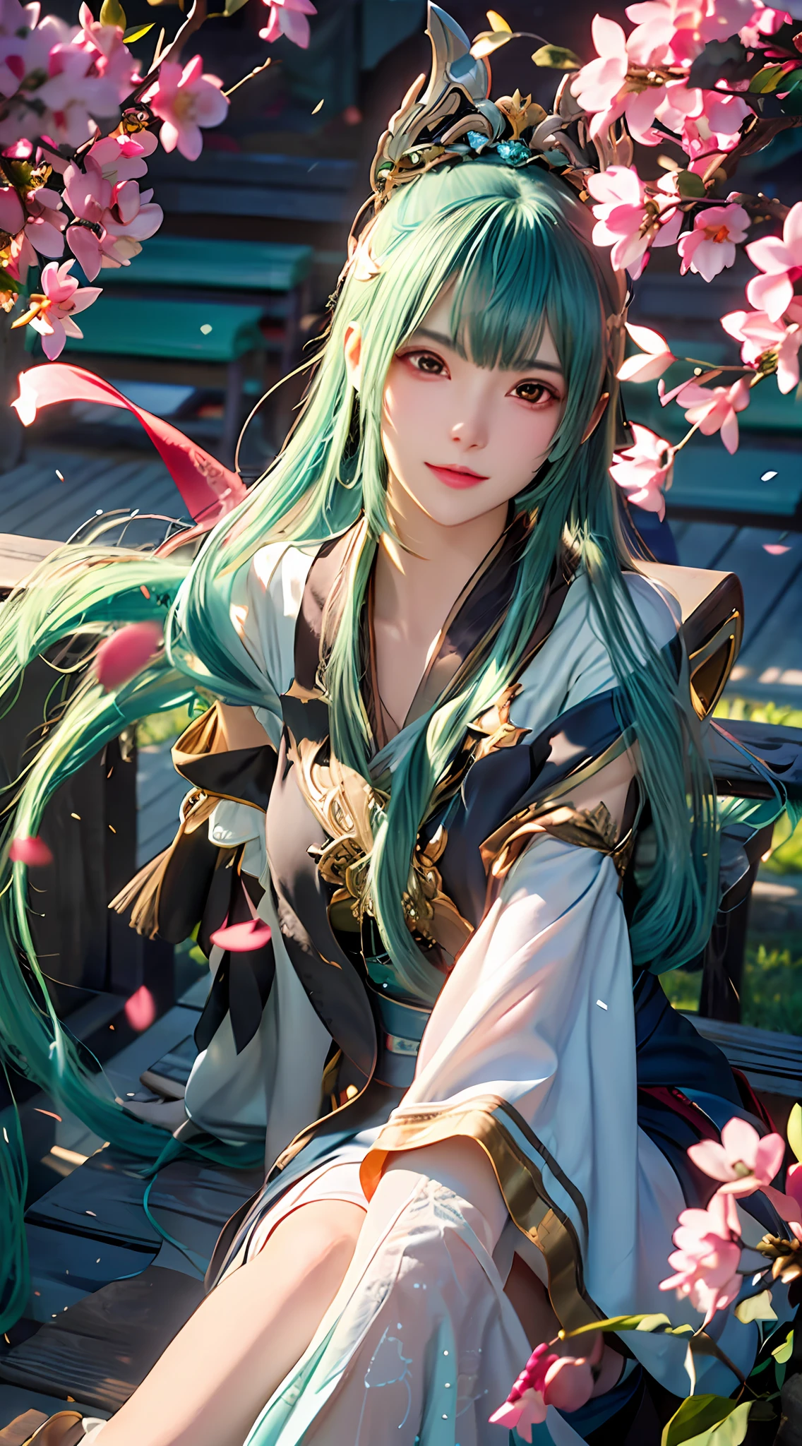 “((greenish-blue:1.3),(Beautiful girl:1.2))Sit quietly in front of the tree((the benches)),Fantasy Queen,((beautiful fantasy anime:1.1)),Anime goddess,spring goddess,Anime style 4K,Guweiz in Pixiv ArtStation,8K high quality detailed art。Half-body close-up,Eye details are noticeable。