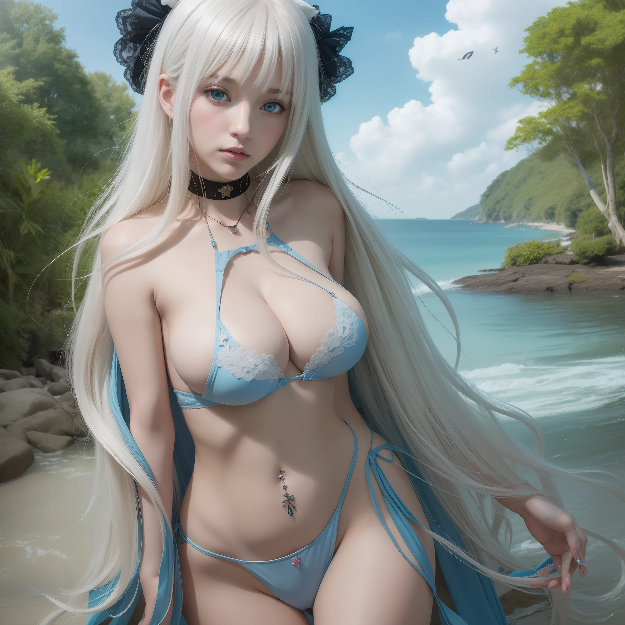 high resolution, highest quality, super high quality, super detail, ultra realistic, photorealistic, anime, illustration, Northern Renaissance style, super cute lady, mysterious, enchanting, blue eyes, white hair, hime cut, tired hair, tattoos, huge breasts, under boobs, great proportion, perfect proportion, slender, full body, micro bikini, beach, water cottage
