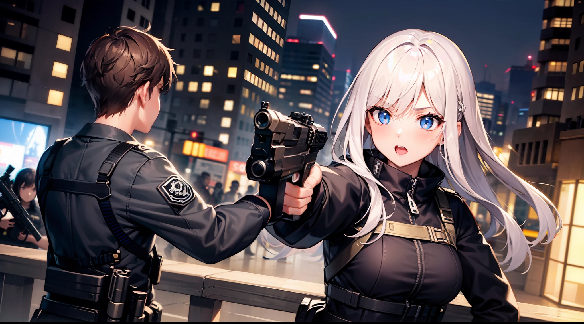 1 girl, dual hand guns, shooting, in the dark city, black clothes, special operations, special force, cinematic action, dynamics action