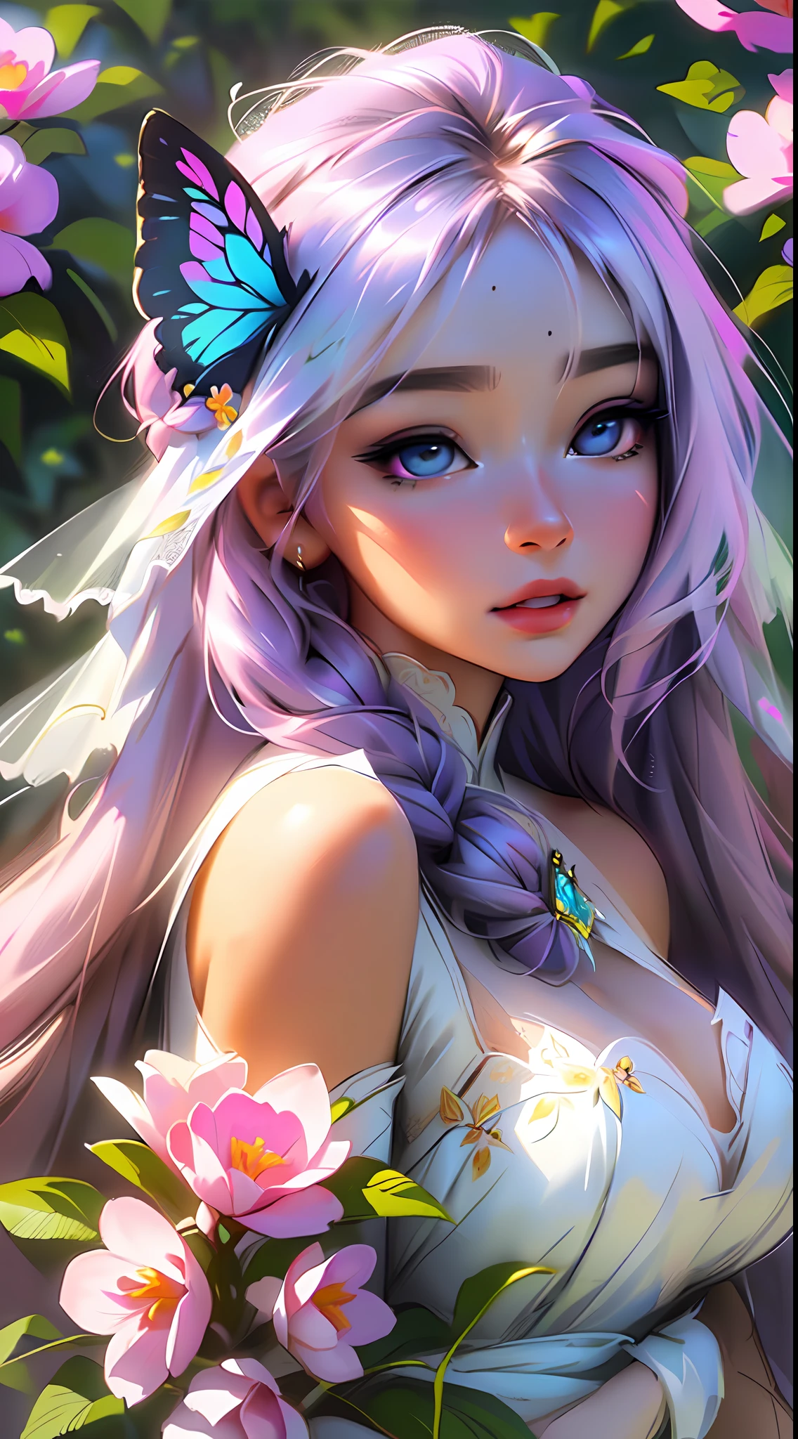 The colors in this image are soft and draw inspiration from gentle watercolors and should be (primarily pink and purple). Generate a delicate and tranquil flower maiden with soft hair dancing in the wind and intricately braided. Her sweet, gentle face has puffy, big lips and stunning, highly realistic eyes. She has beautiful eyes, hires eyes, 8k eyes, beautiful detail eyes, beautiful detailed eyes, realistically shaded eyes, and realistic eyes in vibrant colors. ((She is wearing a delicate wedding dress of gossamer silk and satin.)) She is surrounded by ethereal flowers of varying sizes and colors. The background is wild and unruly, with delicate flowers dancing in the wind and creating a dynamic and compelling image. A flowered headdress adorns her head and soft petals fall around her. The flowers in this artwork are realistic and very detailed and come in different shapes and sizes, some with iridescence and others with varying shades of pink and blue. Include a soft watercolor sky. Include realistic hair and skin texture. Include fantasy details, enhanced details, colorful glittering wind, and pollen. ((Pay special attention to her face and make sure it is beautifully and realistically detailed.)) (((((The image should be dreamy and ethereal.))))) Include intricate fantasy details. 8k, intricate, elegant, highly detailed, majestic, digital photography, art by artgerm and ruan jia and greg rutkowski surreal painting pearl butterfly filigree, flower petals, (masterpiece, finely detailed beautiful eyes: 1.2), hdr, realistic skin texture, ((ornate)), ((intricate)), ((fantasy00d:1.2)), rays of light, (add details), (((highly detailed butterflies))), translucent butterflies, ornate flowers, dew drops, sunlight, rays of sun, ((((sweet, virgin, pure)))). A soft pink haze should emphasize this artwork's dreamy etherealness.