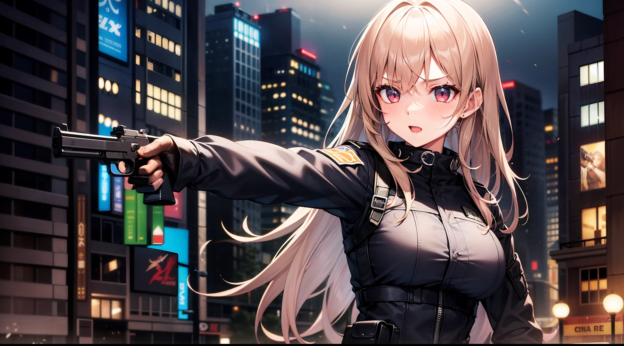 1 girl, dual hand guns, shooting, in the dark city, black clothes, special operations, special force, cinematic action, dynamics action