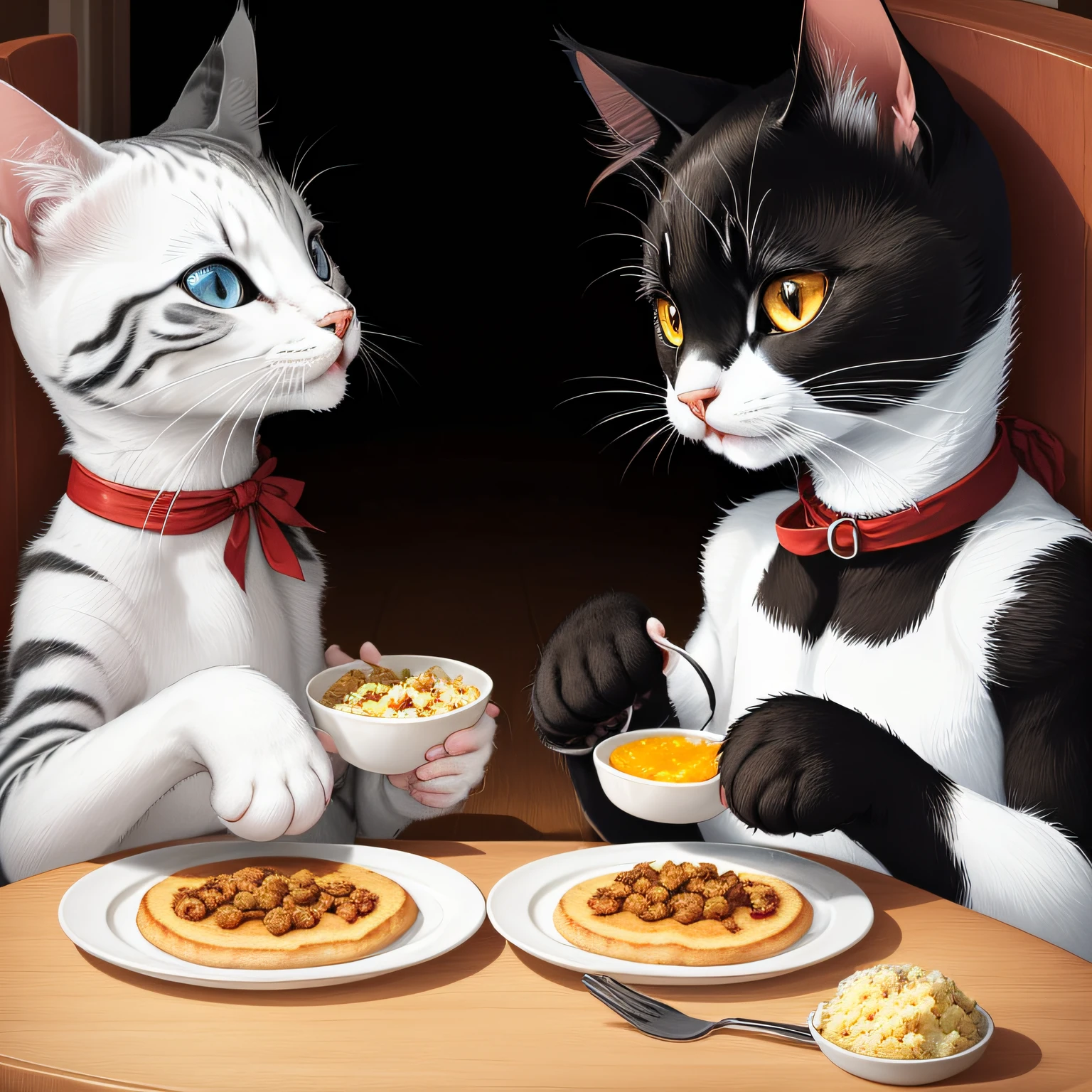 Two cats, one black and one white, eating breakfast The picture is warm and healing --auto