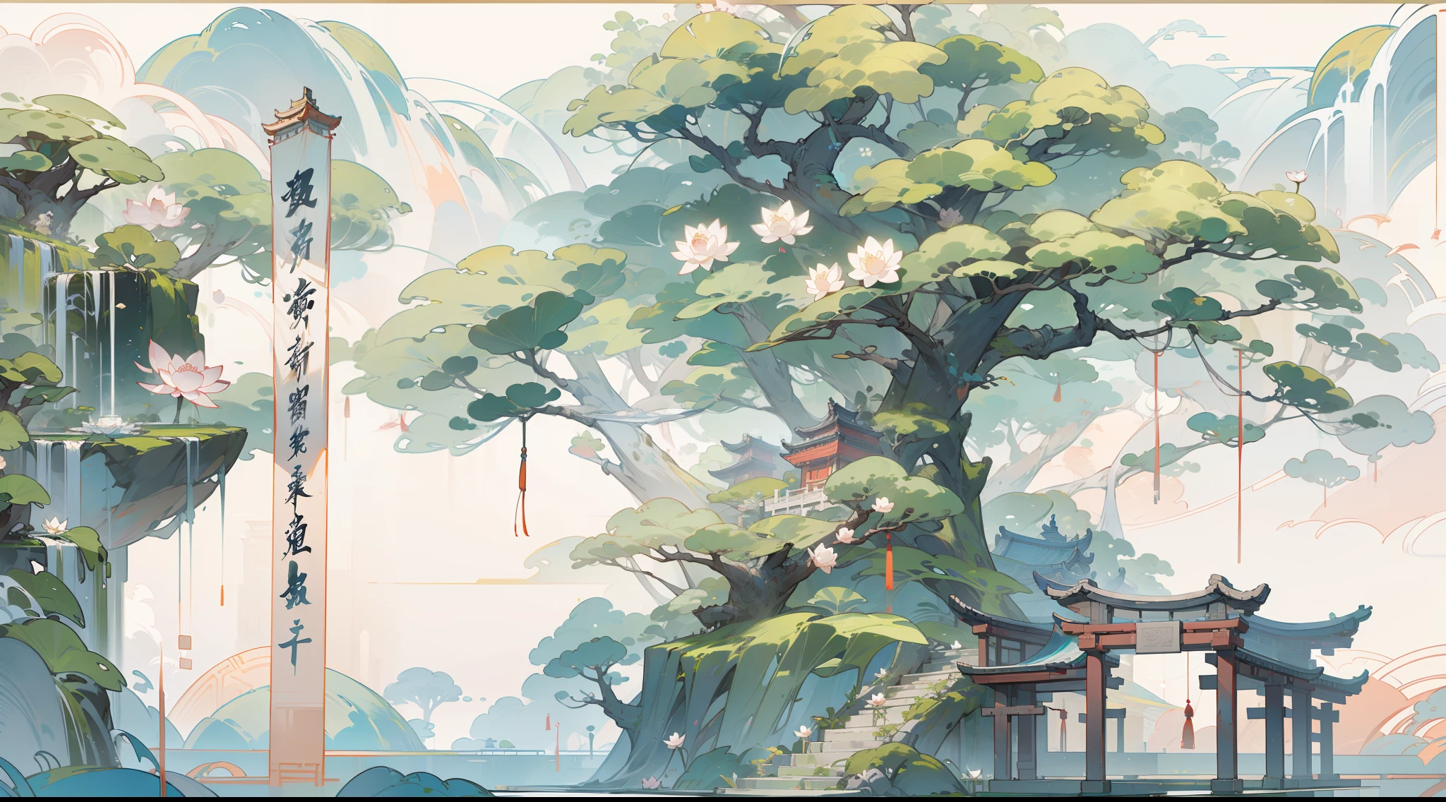 Antique game scene design,big trees,florals,Lotus architecture,Floating table,A blue sky,White cloud,Chinese ink painting OC rendering sculpture