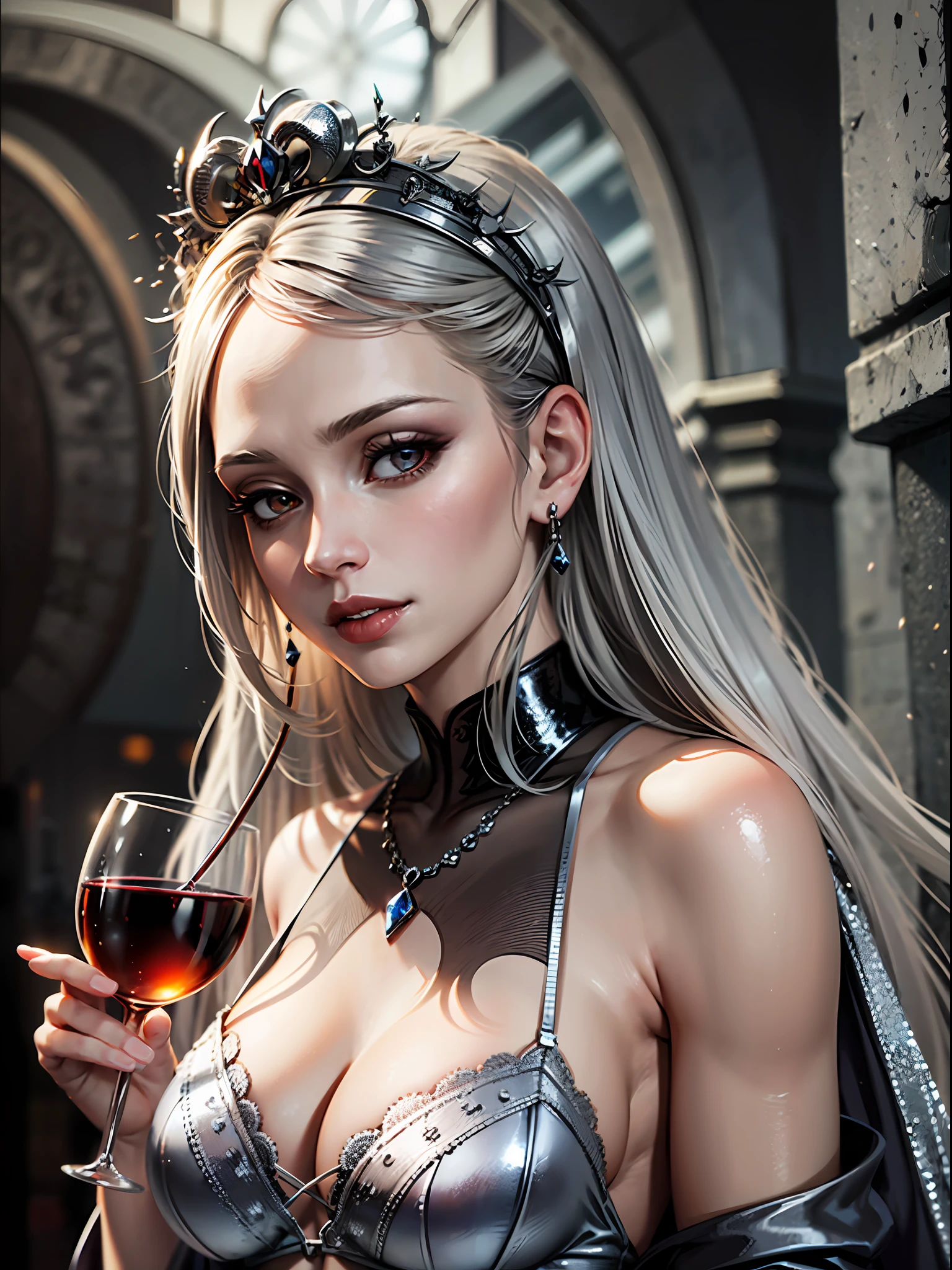 A young female vampire, beautiful, in a silver gown, holding a glass of wine in her hand. --auto --s2