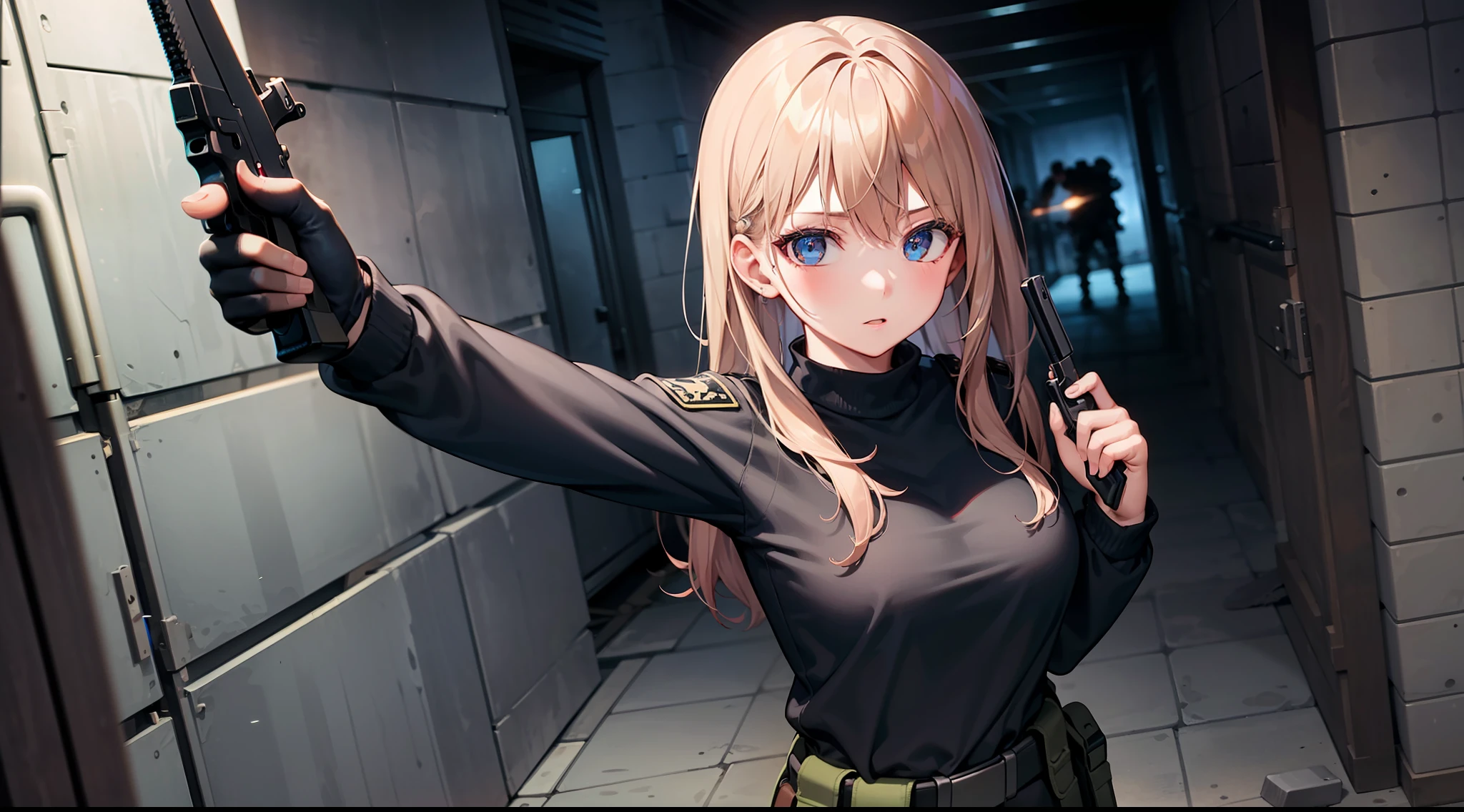 1 girl, hand gun and knife, shooting, in the dark warehouse, black clothes, special operations, special force, cinematic action, dynamic