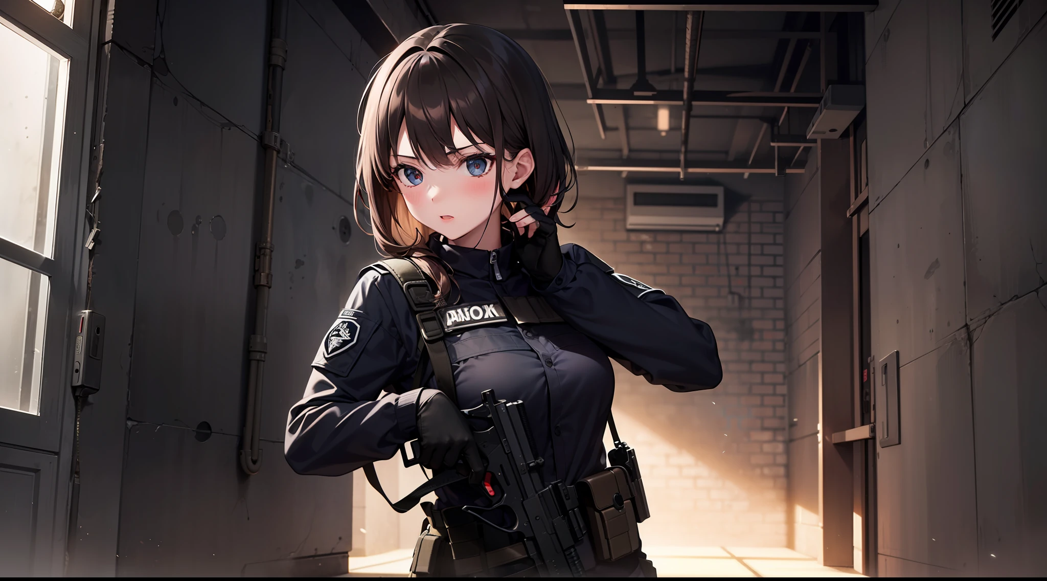 1 girl, hand gun and knife, shooting, in the dark warehouse, black clothes, special operations, special force, cinematic action, dynamic