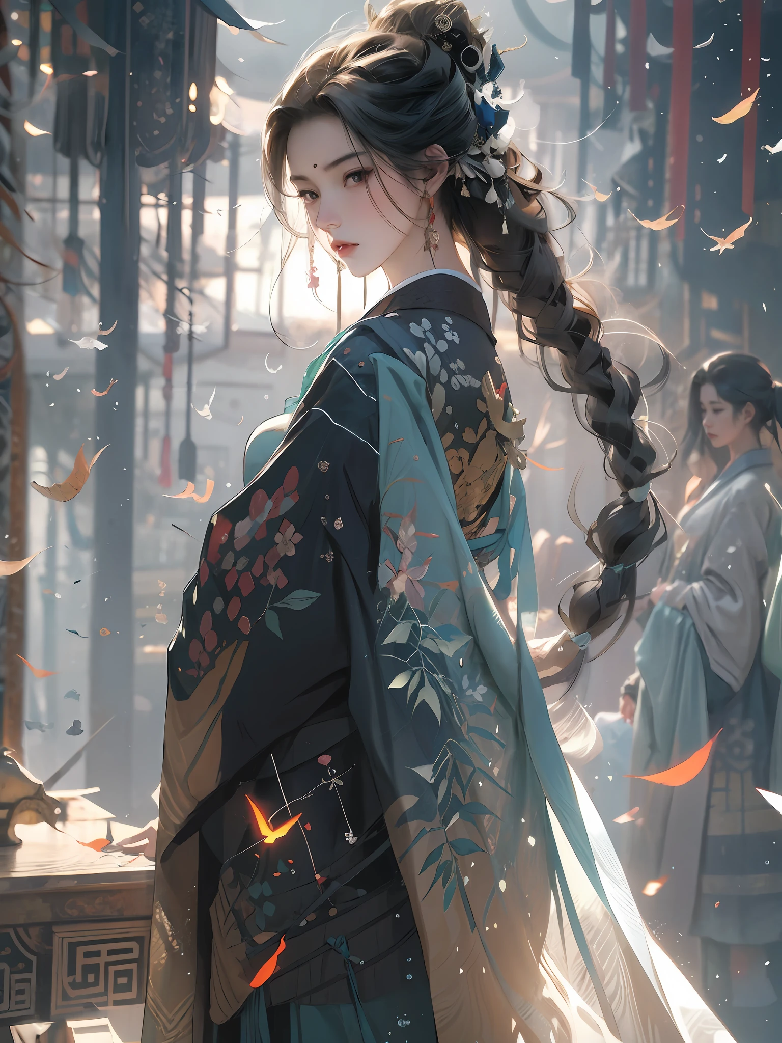 Bamboo forest, bamboo leaves falling, hazy smoke, green hanfu,