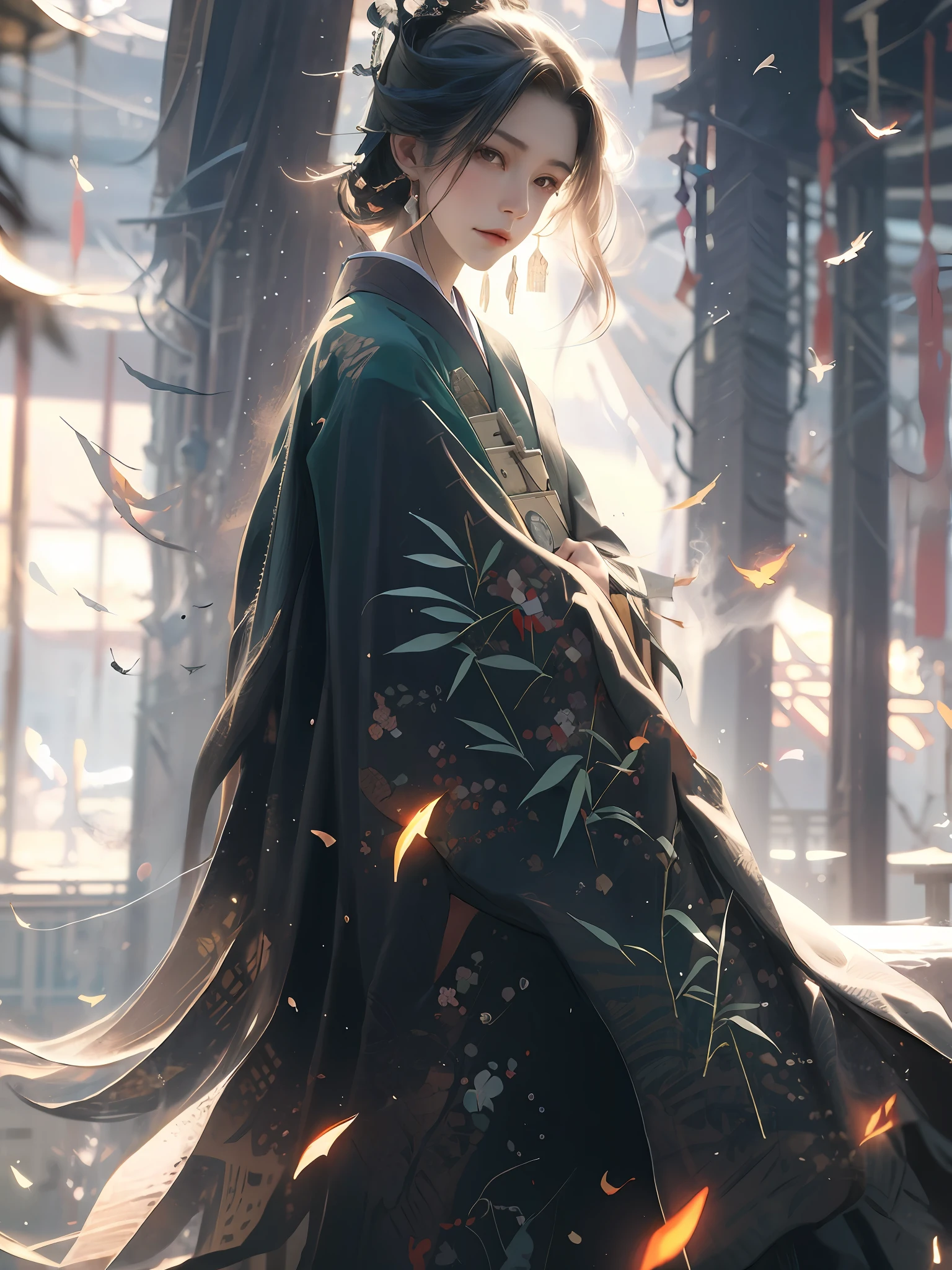 Bamboo forest, bamboo leaves falling, hazy smoke, green hanfu,