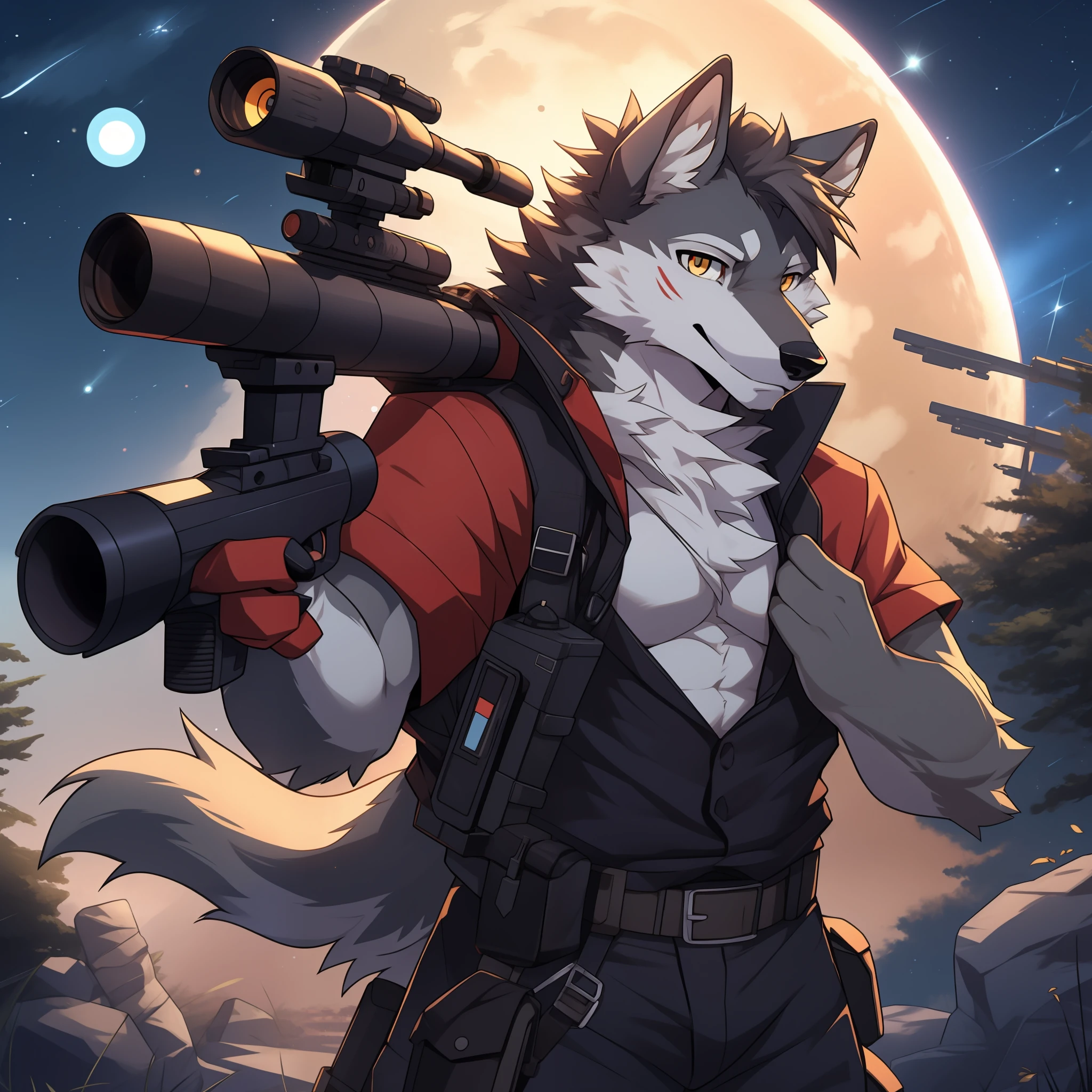 Furry,gray wolf,long whitr hair,Golden pupils,sniper gun,starrysky