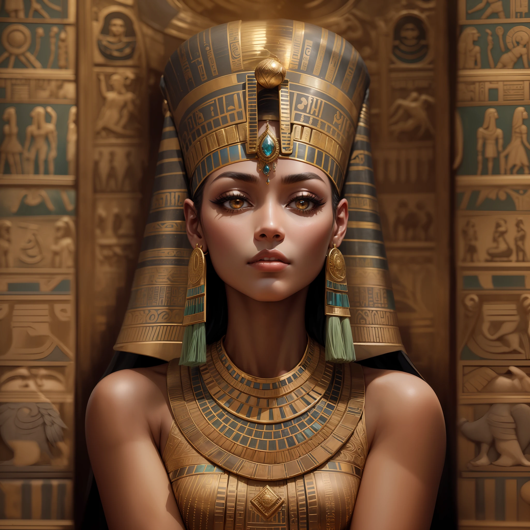A majestic Egyptian woman, shrouded in an aura of mystery and beauty, is in a stunning setting of ancient Egypt. His skin is golden like the sun, contrastando com o ambiente escuro ao seu redor. Her eyes are adorned with dark, shiny makeup, highlighting his enigmatic and powerful expression. She wears a stunning Egyptian costume, richly decorated with jewelry and intricate gold details, that shine in the light of the torches that illuminate the place. The scene is illuminated by a dramatic light, destacando sua figura imponente e hipnotizante. The focus of the camera is on it, capturing every detail of its beauty and magnificent presence. Ao fundo, We see imposing columns and hieroglyphics carved in stone, referring to the grandeur of Egyptian temples. There's a sense of mystery and power in the air, As if this woman were a divine figure or a legendary queen. His posture is confident and dominant, imparting an air of leadership and ancestral wisdom.