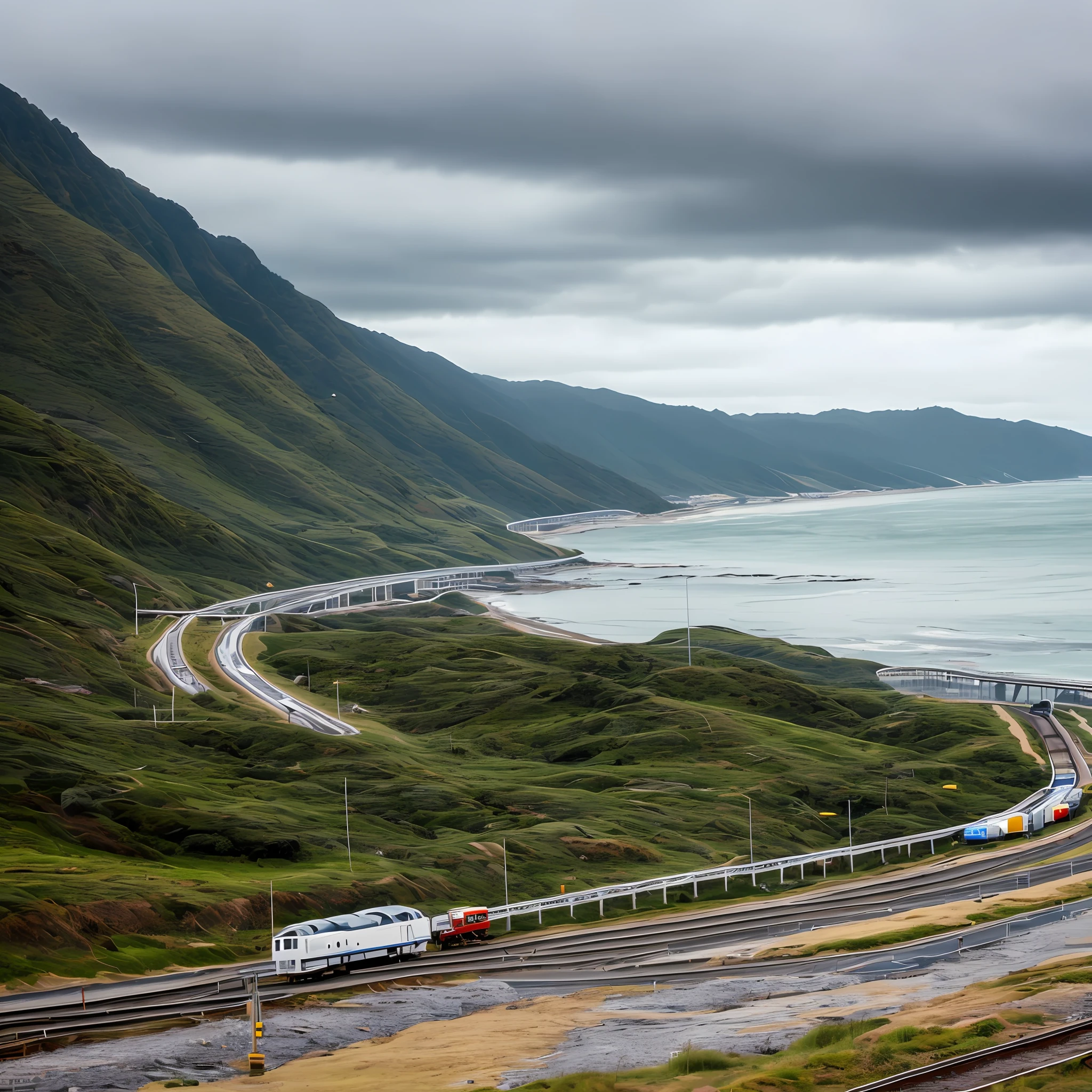 gloomy weather,Seaside Highway,White Tandem Car --auto