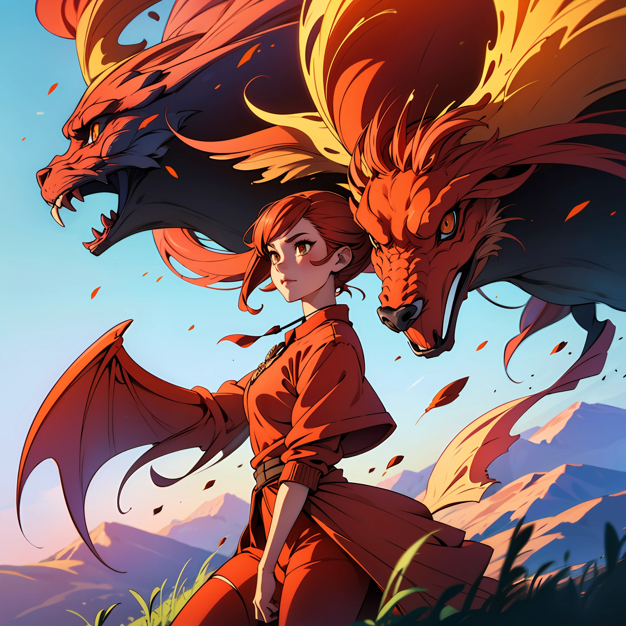 A fiery red phoenix flew high above the girl in red --auto