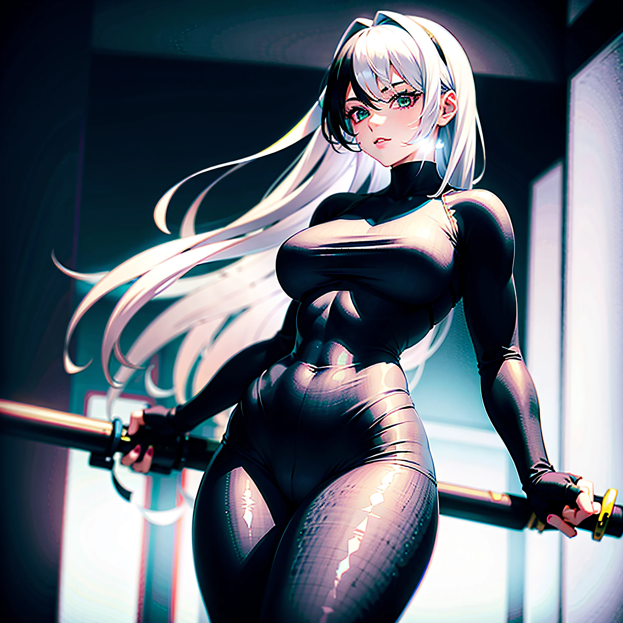 A white-haired beauty highlights her figure in a black sports tights