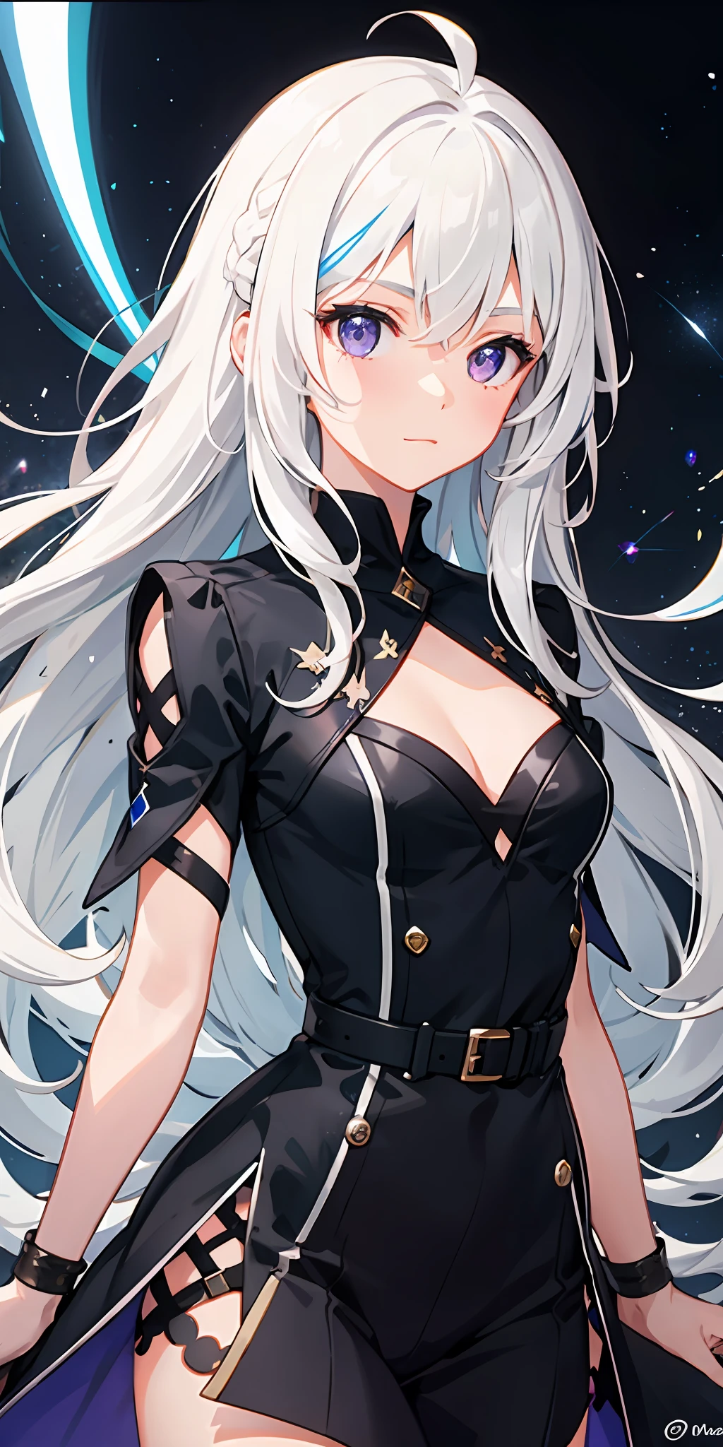 1girl in、White hair、O cabelo multicolorido、a purple eye、side lights、Particles of light、Galaxy、