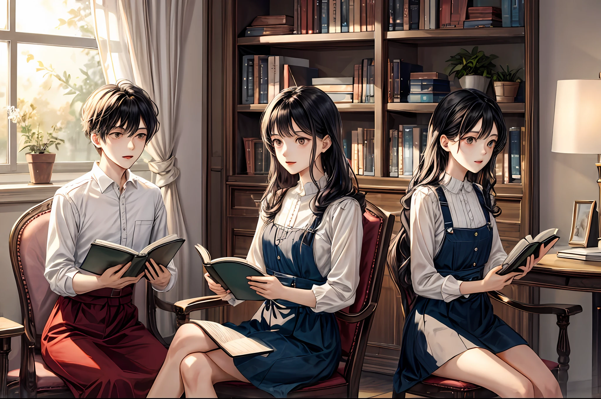 A pair of siblings holding a book, Black is long, Straight and long,Sit in a chair in the room