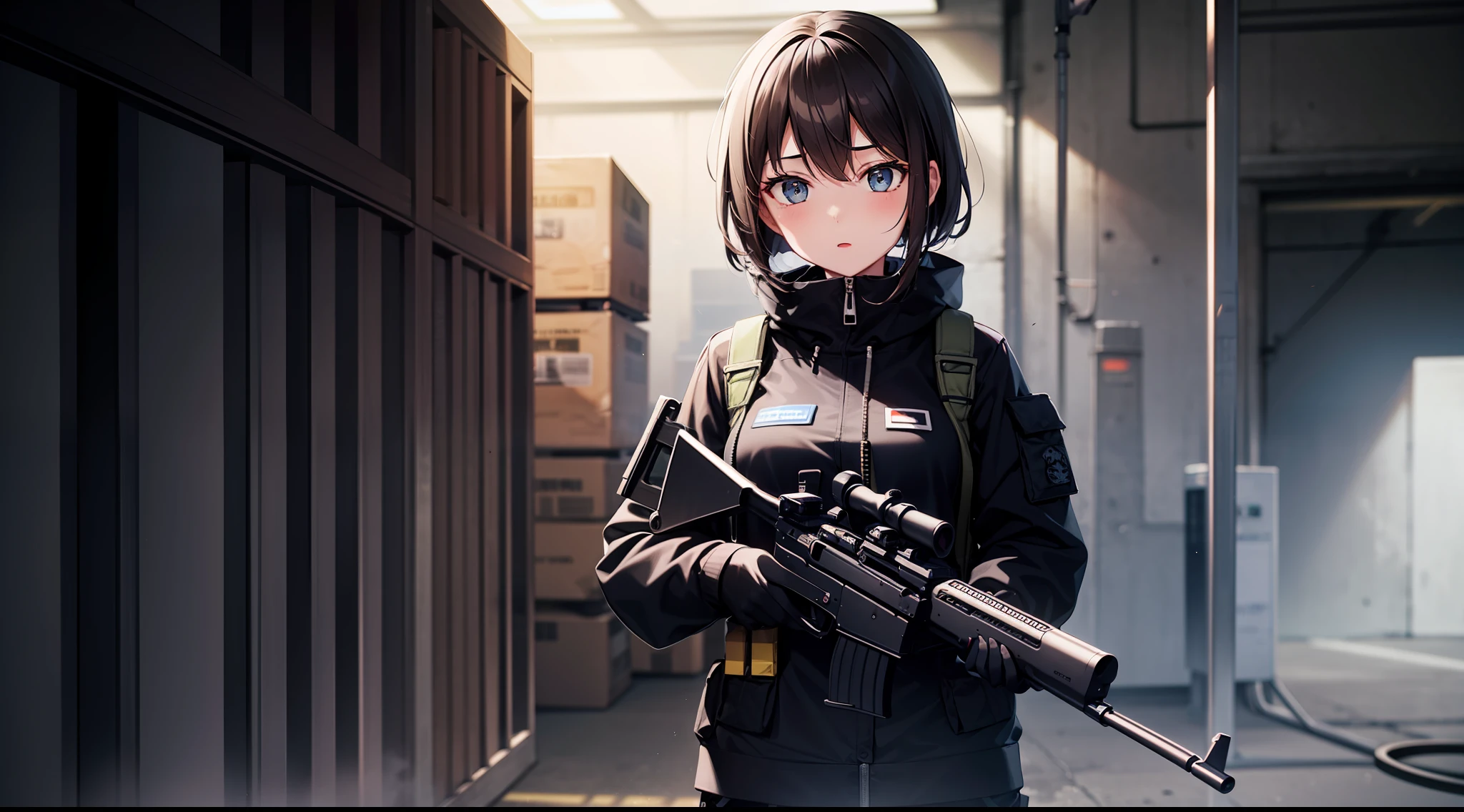 1 girl, submachine gun, walkie-talkieshooting, in the dark warehouse, black clothes, special operations, special force, cinematic action, dynamic