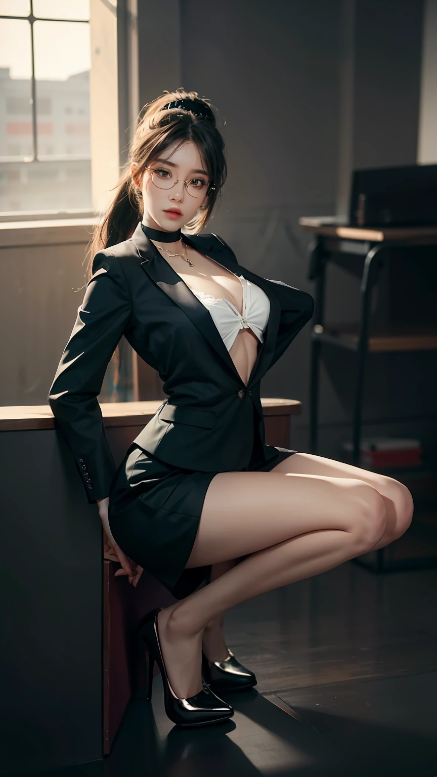 girl in a suit, full body shot hyperdetailed, Superskirt，stocklings，huge tit，Bare chest，choker necklace，long whitr hair，eye glass，High ponytail，Slender legs，Perfect legs，Erotic，Squat，at class room，Highest image quality，tmasterpiece，South Korean beauties，Korean girls，asiagirl