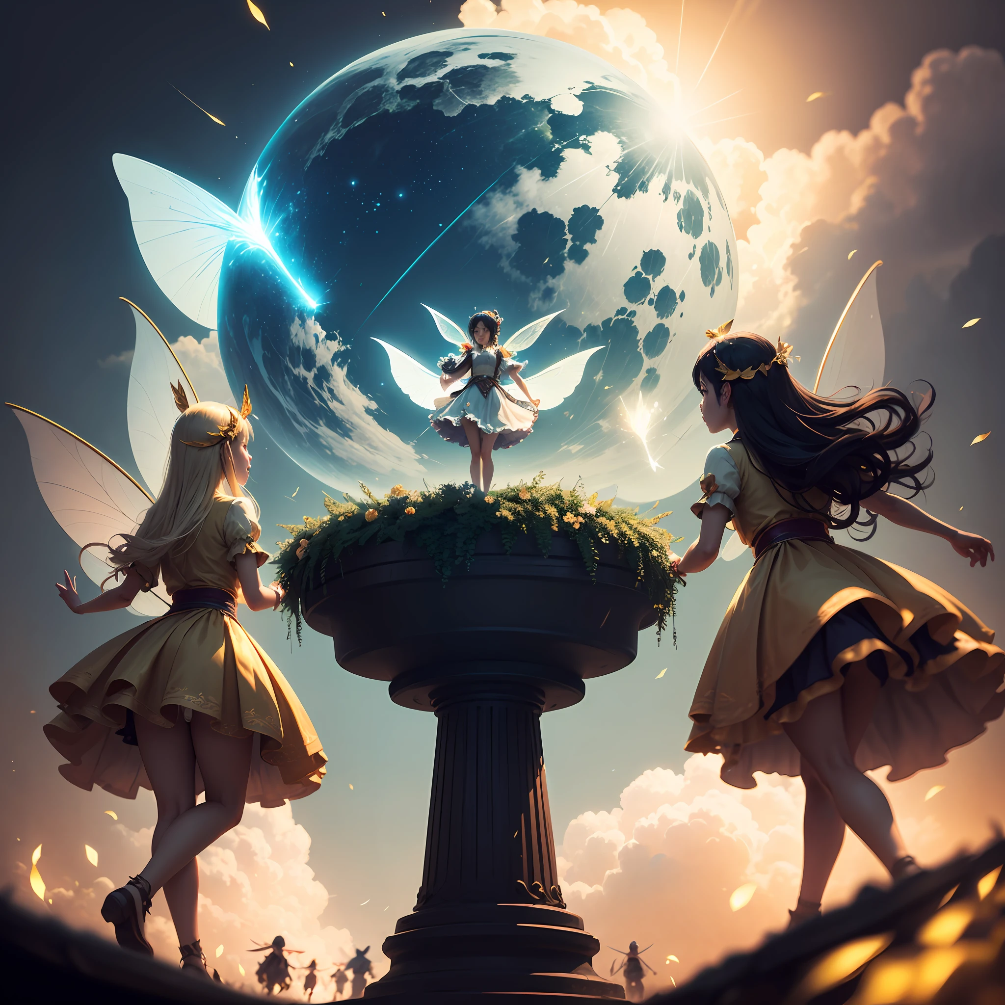 A group of flying fairies,Gold streamers,Soar in the sky。Ultra-clear resolution,Cinematic texture,a warm color palette,Ultra-clear large image。 --auto