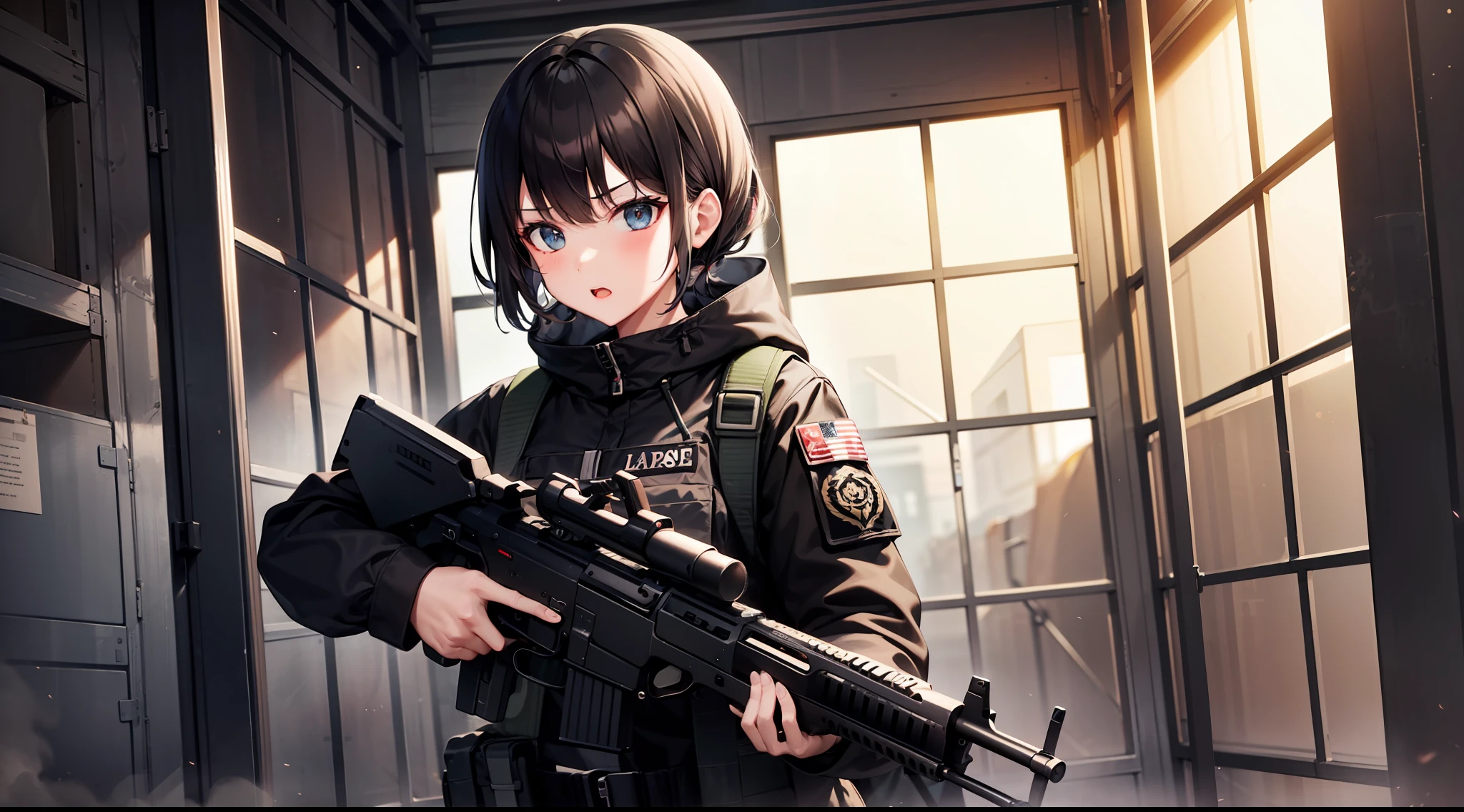 1 girl, submachine gun, walkie-talkieshooting, in the dark warehouse, black clothes, special operations, special force, cinematic action, dynamic